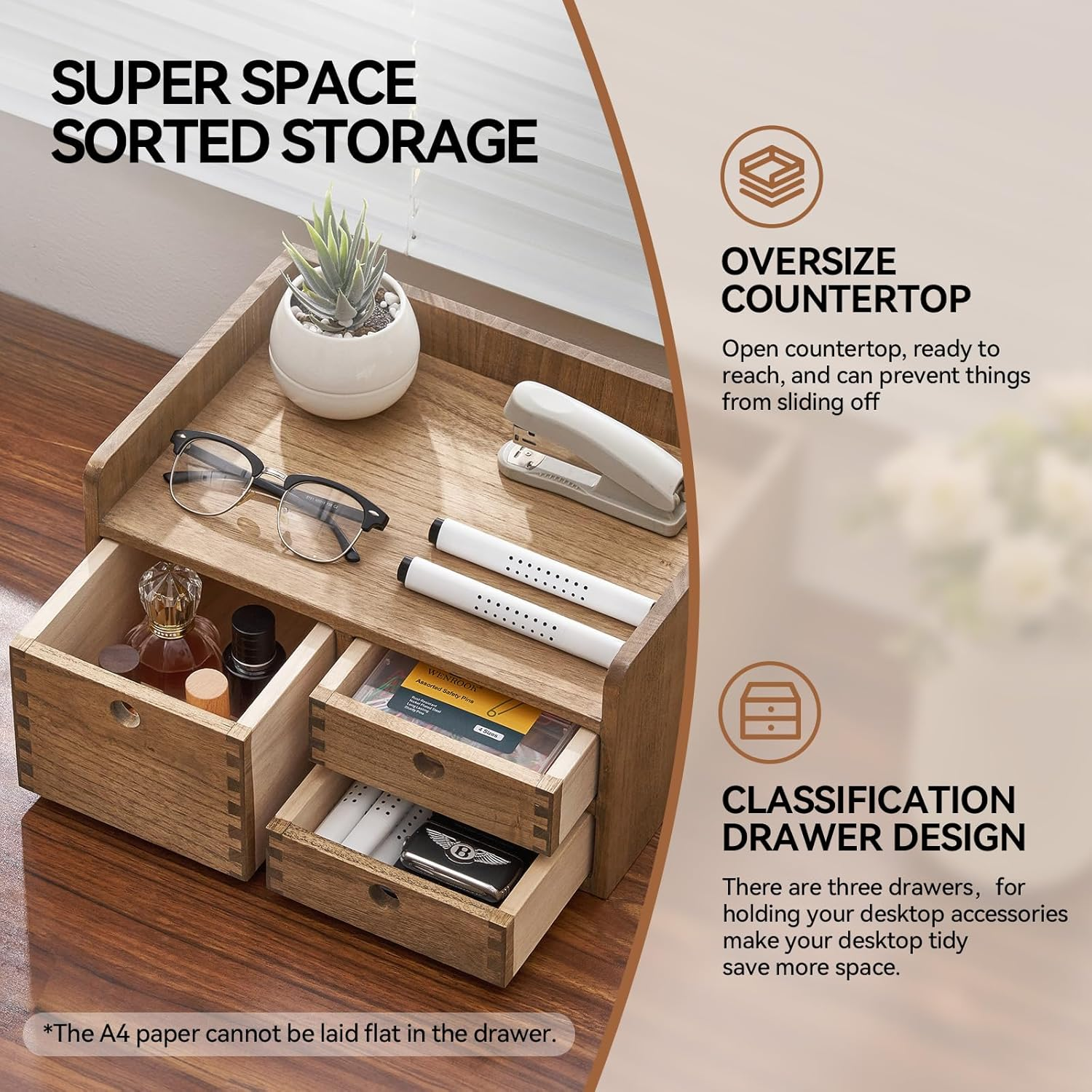 KIRIGEN Desk Organizer with 3 Drawers - Wood Drawer Storage Box with Trays for Tabletop - Workspace Office Toiletries Supplies Tool Caddy - Wooden Storage Cabinet1 Layer Dark Brown（Dt1D3C-Dbr） image number 3