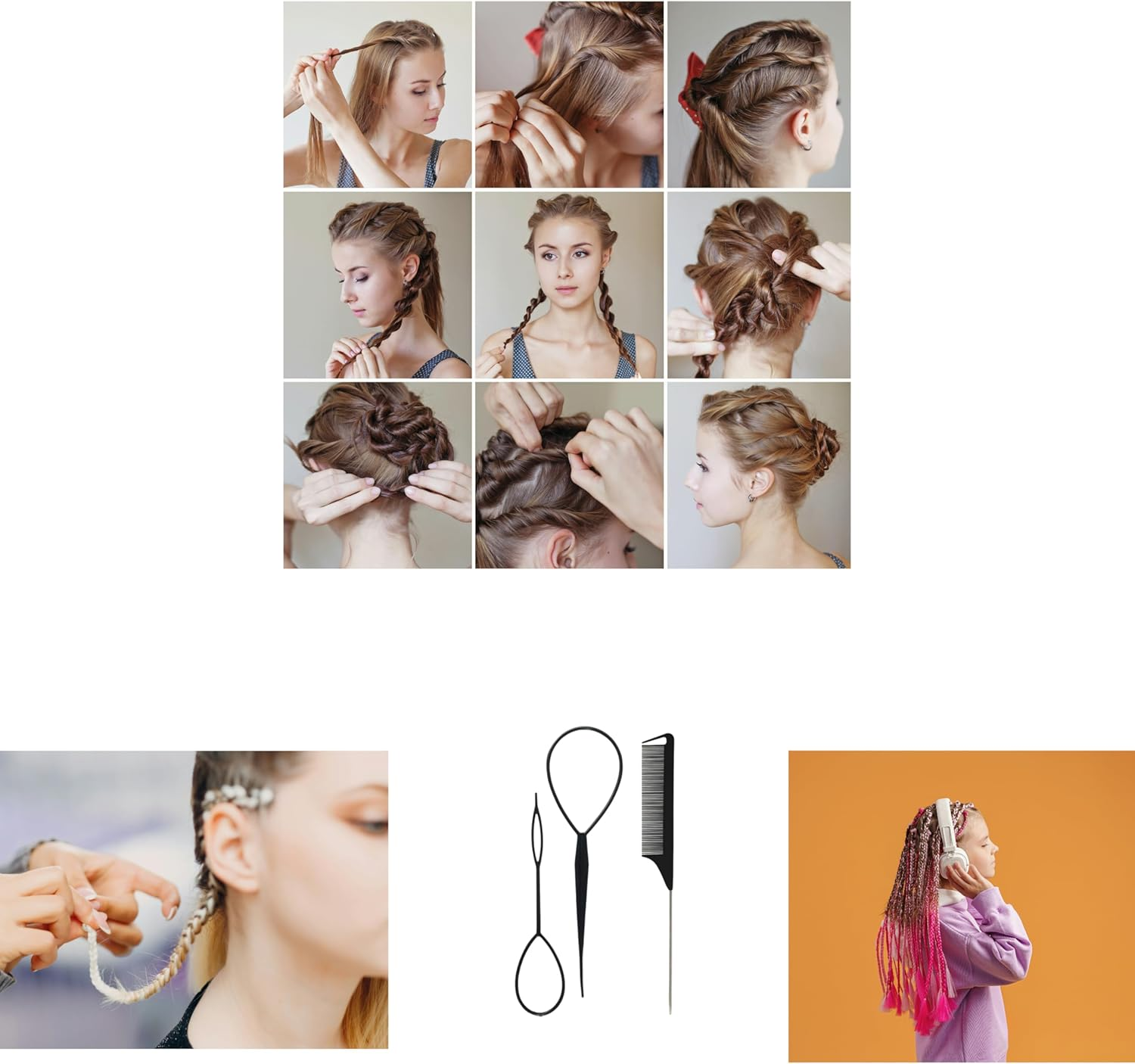 3 Piece Hair Braiding Tool Kit Professional Hair Styling Set for Perfect Braids, Includes Hook, Comb, Clips, and Accessories Ideal for Beginners and Expert (Black) - Blue image number 4