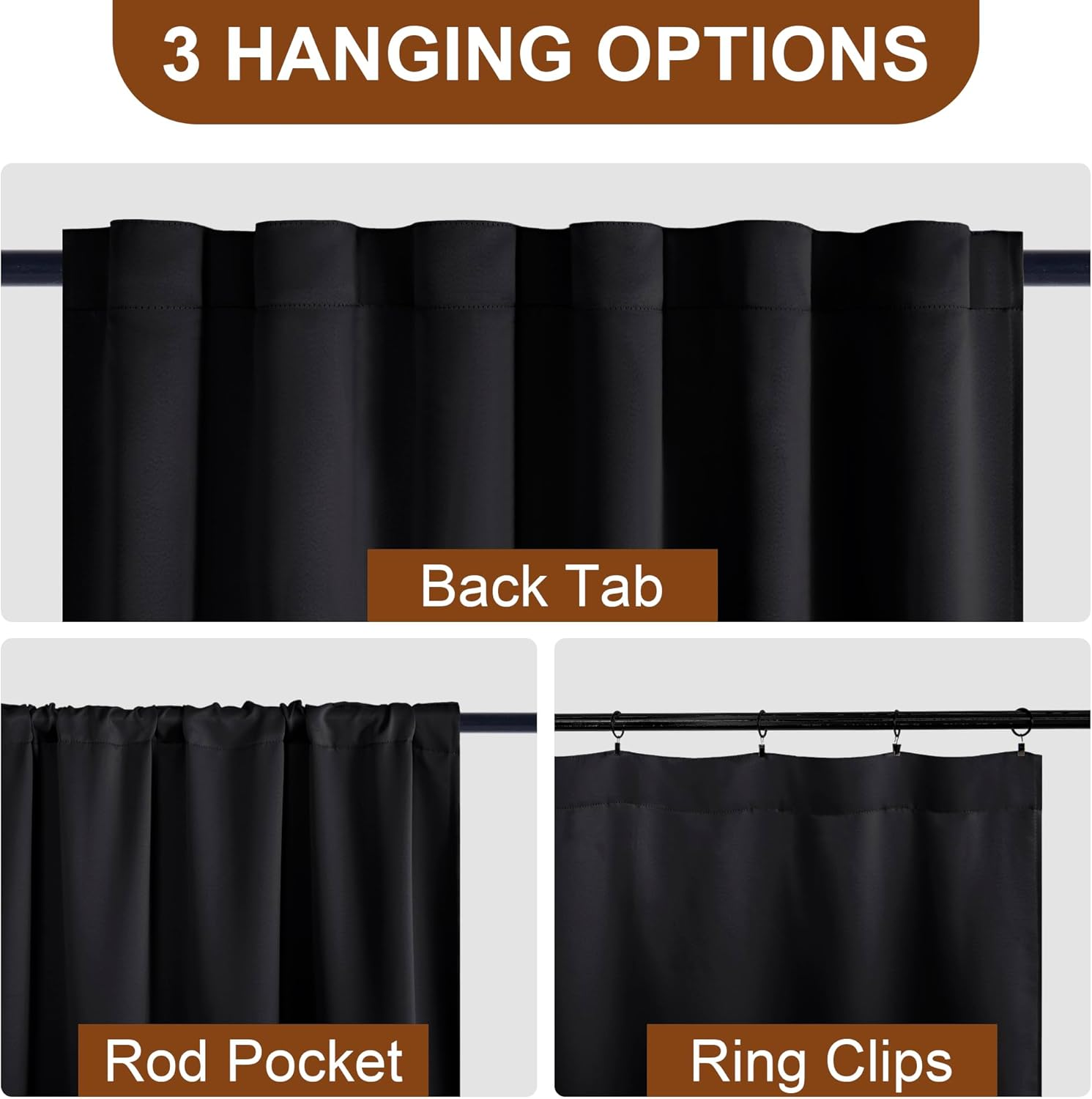 DWCN Blackout Curtains Back Tab and Rod Pocket Sewn with Tiebacks - Thermal Curtains Insulated Room Darkening for Bedroom,Each W132 Cm X D214Cm, Set of 2 Panels,Black image number 2