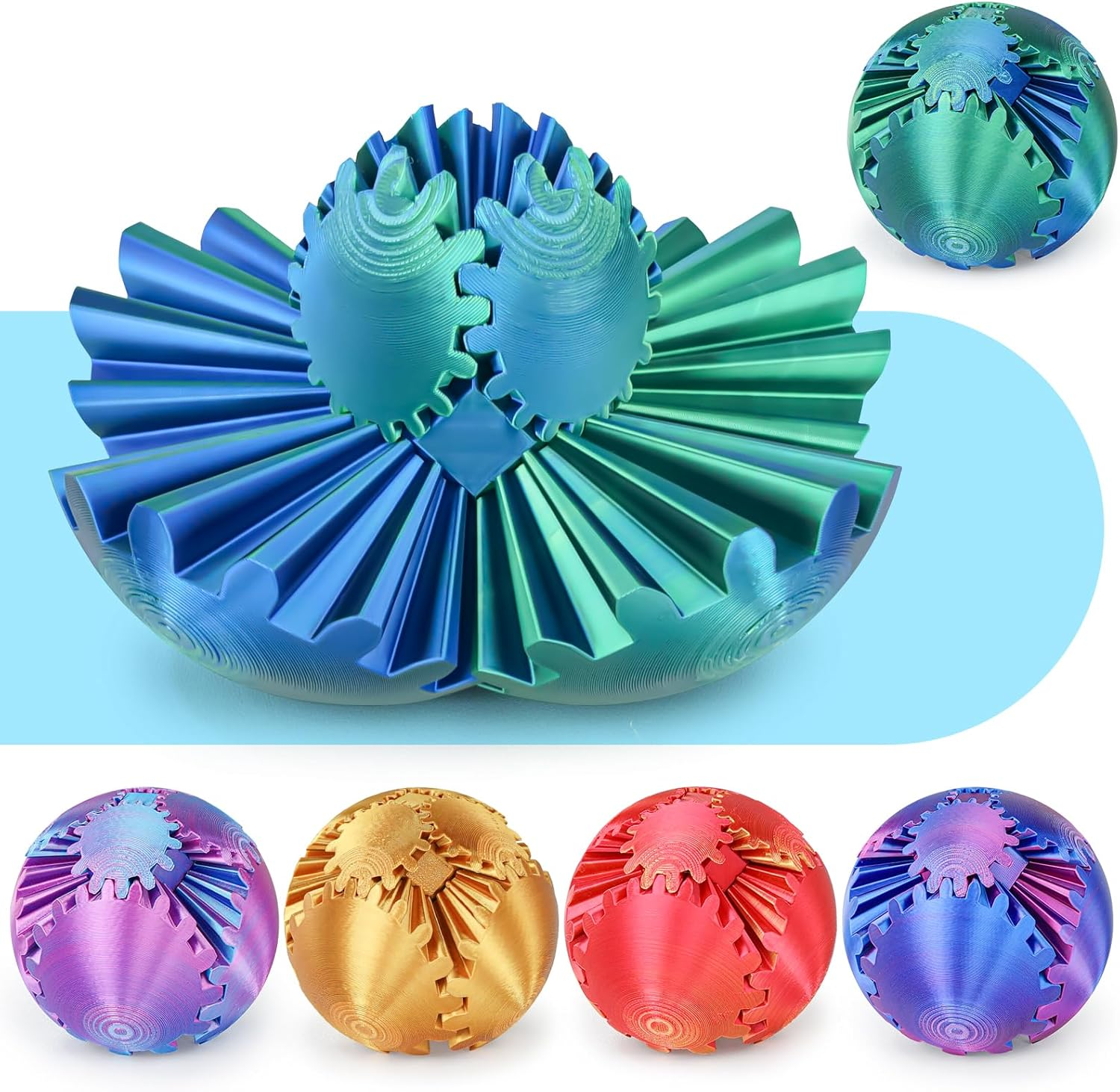 Gear Ball 3D Printed Spin Ball or Cube Fidget Toy,Gear Sphere Fidget Toy,Fidget Ball Gear Toy for Stress and Anxiety Relief, Stress Ball Gearsphere Desk Toy for Adults & Kids(Blue Green,8Cm) image number 6