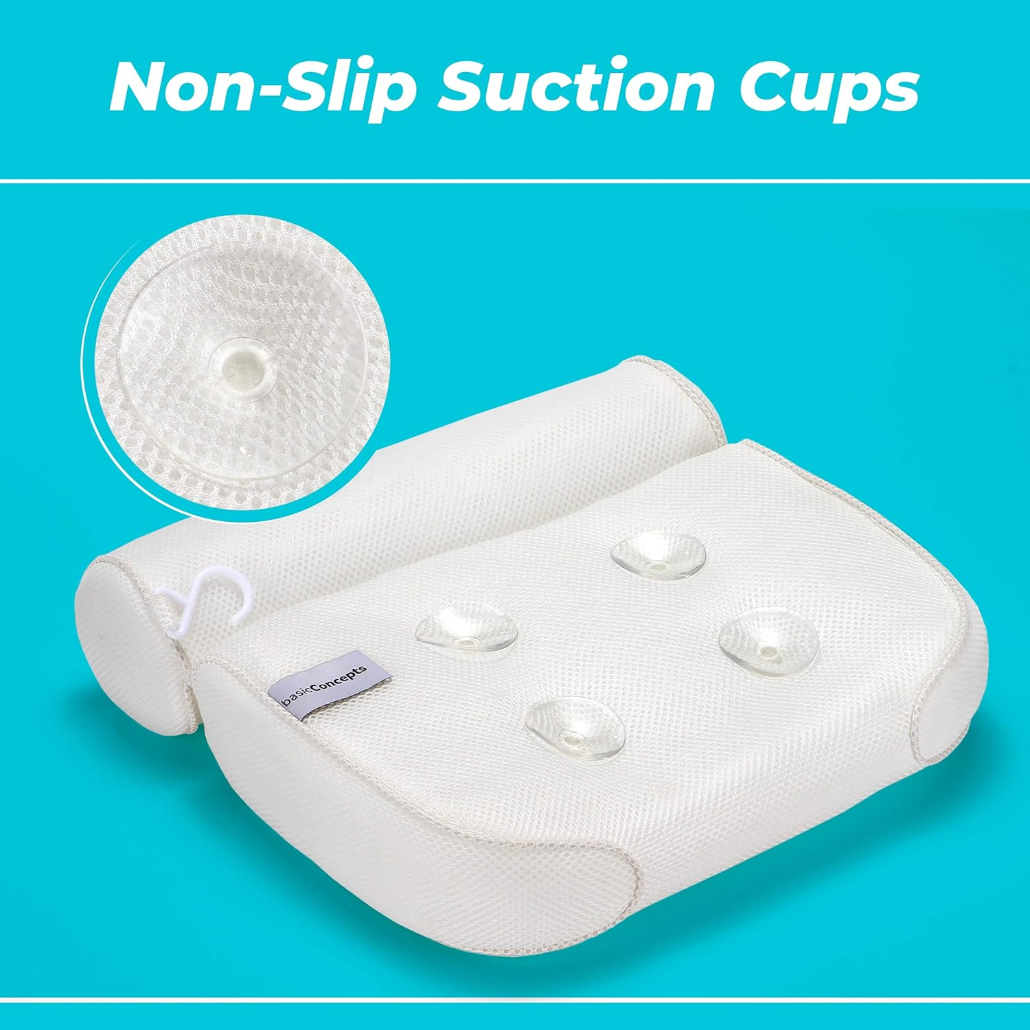 Basic Concepts Bathtub Pillow for Neck and Back Support with Drying Hook, Bathtub Pillow Machine Headrest for Soaking & Straight Back Tubs - Bath Accessories, Machine Washable, 6 Suction Cups image number 5