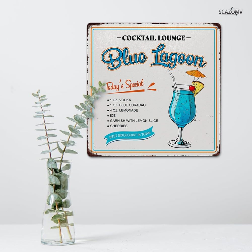 Cocktail Poster Vintage Metal Signs, Blue Lagoon Cocktail Recipes Tin Sign Decoration Bar Accessories Hanging Crafts Home Kitchen Pub Man Cave Wall Art Decor 8X8 Inch - Color060703 image number 7