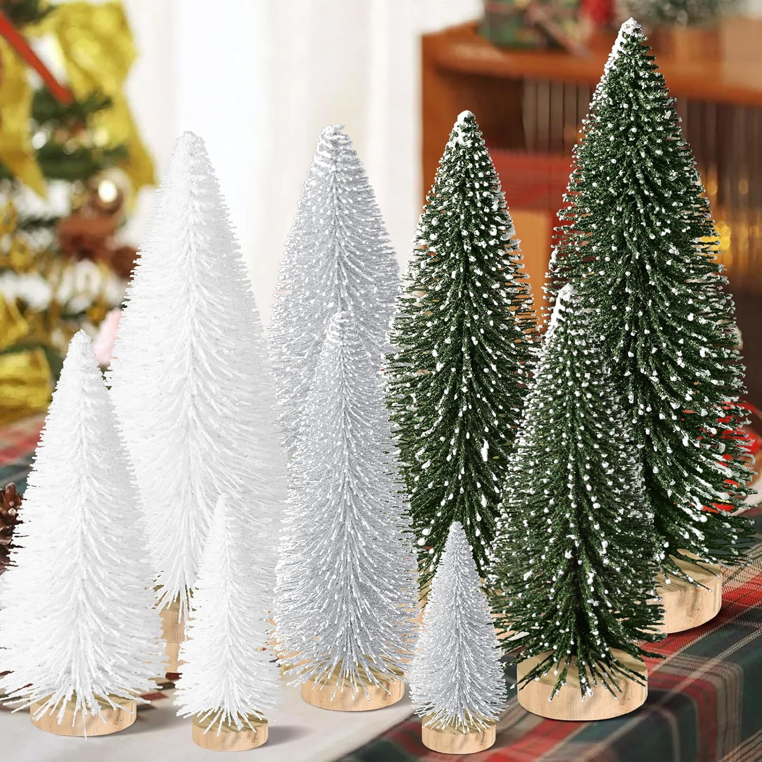 9Pcs Mini Christmas Tree Desktop, Artificial Christmas Pine Tree, Mini Bottle Brush Trees Tabletop, Small Sisal Trees with Wooden Bases, Xmas Holiday Decor (Green-Silver-White) image number 4