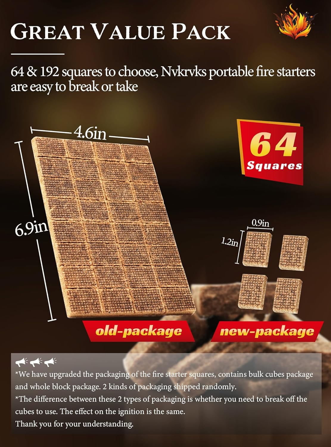 Fire Starter Squares, Easy-Burning, Natural & Waterproof, 64 Mini Cubes