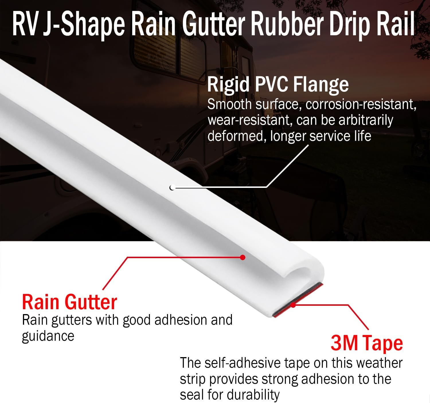 RV J-Shape Rain Gutter Rubber Drip Rail 40Ft, 1/2 Inch RV Trim Molding, Weather Stripping with Self-Adhesive, Roof Rain Diverter Fit for Car, Truck, RV, Boat and Home Application (White) - White image number 4
