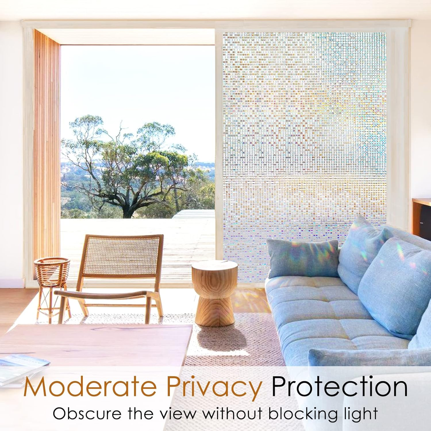 Rabbitgoo Window Privacy Film Stained Glass Window Film Mosaic Static Cling Decorative Window Vinyl, Removable Rainbow Window Tint, Non-Adhesive UV Blocking for Home Office, 44.5 X 200 Cm