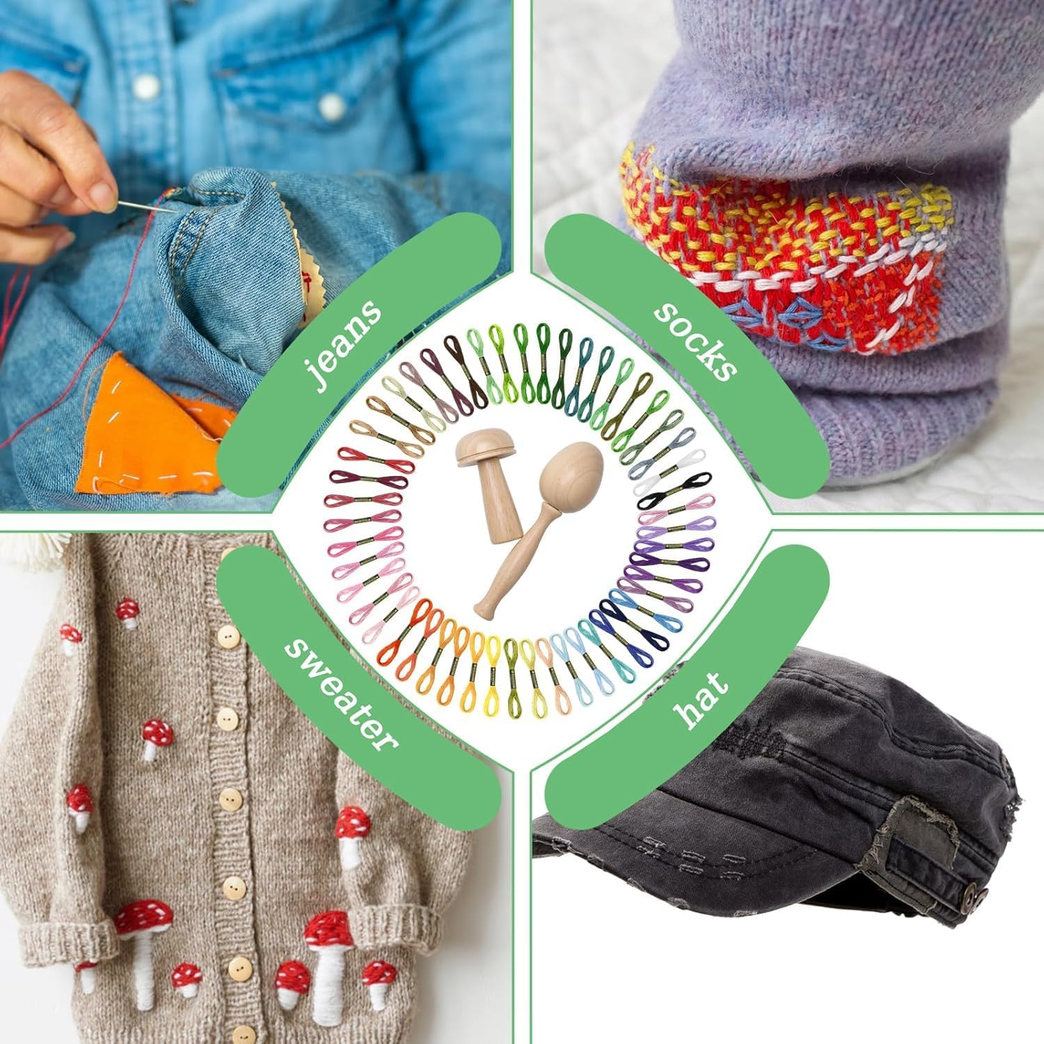 Darning Egg Darning Mushroom for Socks Darner Egg Kit Include 14 Hooks Small Weaving Darner Loom 9 Large Eye Needles 50 Colors Thread for DIY Handicraft Home Sewing Care image number 1