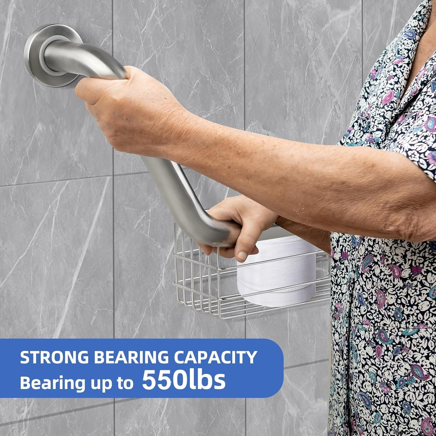 16 Inch Angled Grab Bar with Storage Basket, Handicap Grab Bar for Elderly, Stainless Steel, Grab Bars for Shower, Bathroom Mobility Aid, Heavy Duty 550Lbs Support image number 2