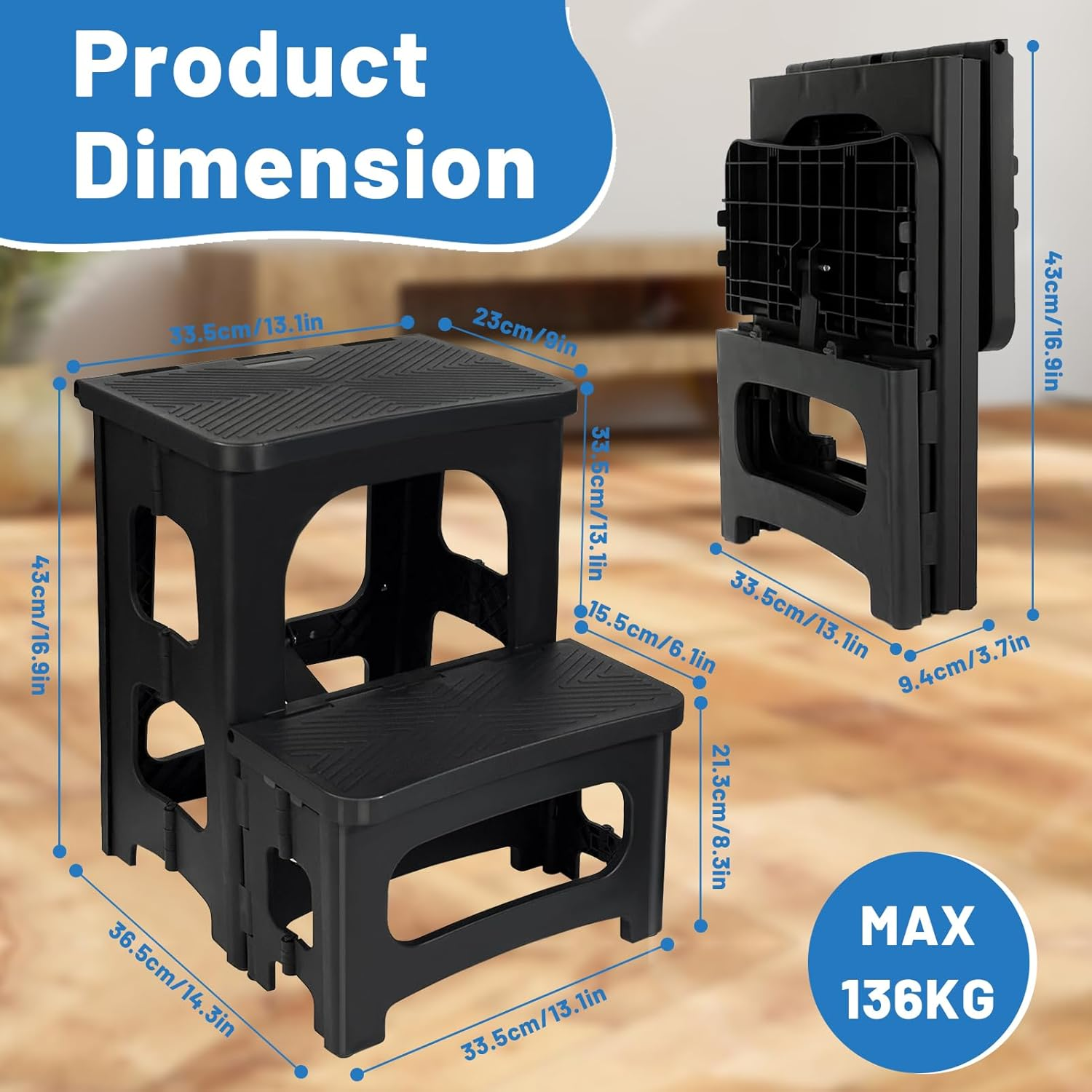 Folding 2 Step Stool, SAILESI Non-Slip Portable Fold Stools, Capacity of 300Lbs, Collapsible Footstool for Adults or Kids, Stepstool for Home Kitchen Bedroom Office Bathroom Toilet Potty Training image number 6