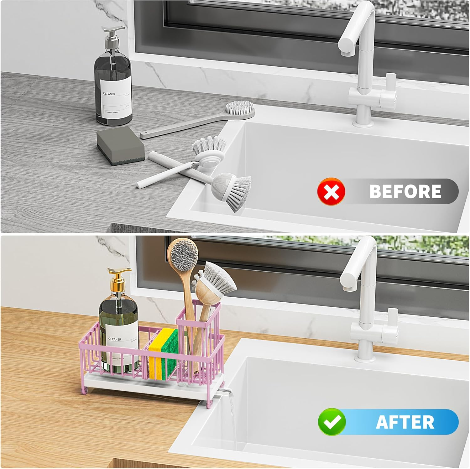 Cisily Pink Sponge Holder for Kitchen Sink, Sink Caddy Organizer with High Brush Holder, Countertop Organizers and Storage Essentials, Rustproof 304 Stainless Steel, Pink Kitchen Accessories and Decor