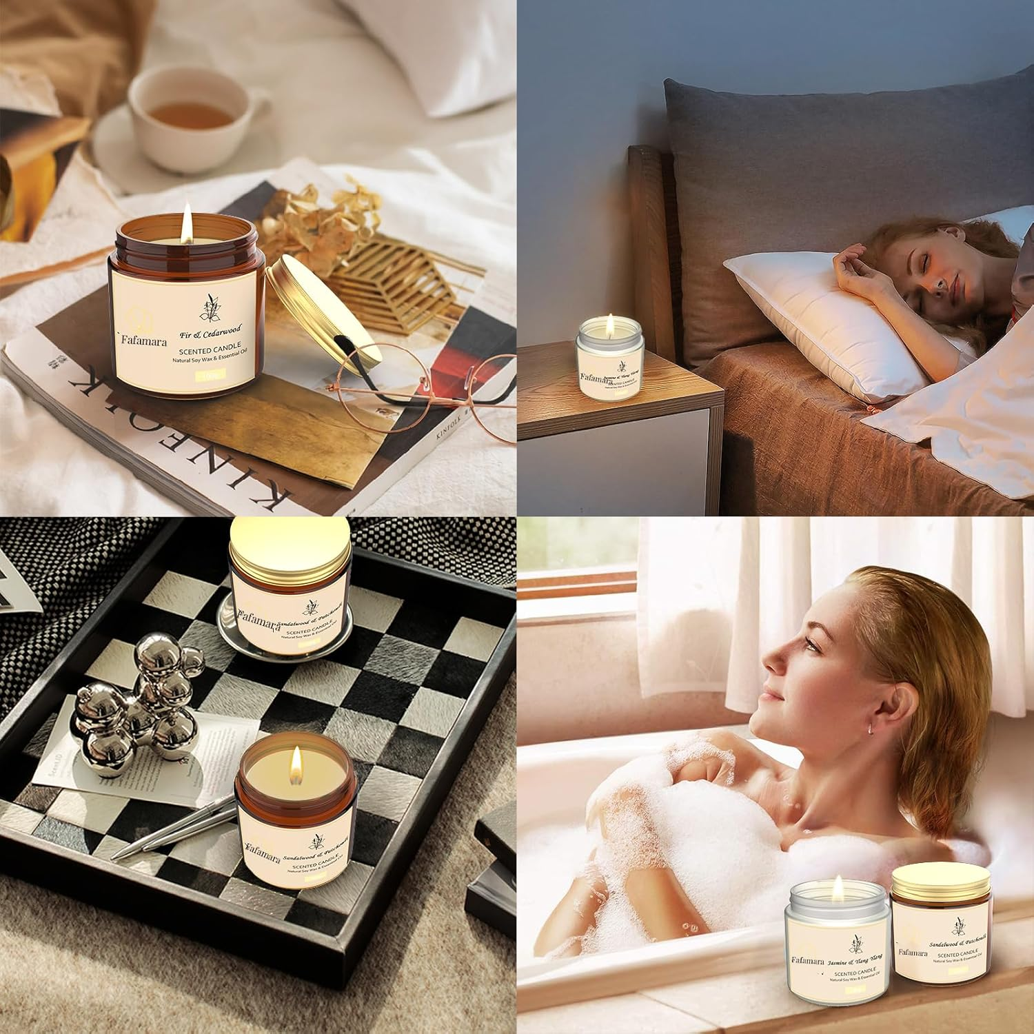 Fafamara Scented Candle Gift Set, 4 Relaxing Aromatherapy Candles for Women, Jasmine & Ylang Ylang, Sandalwood & Patchouli, Fir & Cedarwood, Vanilla & Amber, for Christmas, Birthday, Anniversary image number 2