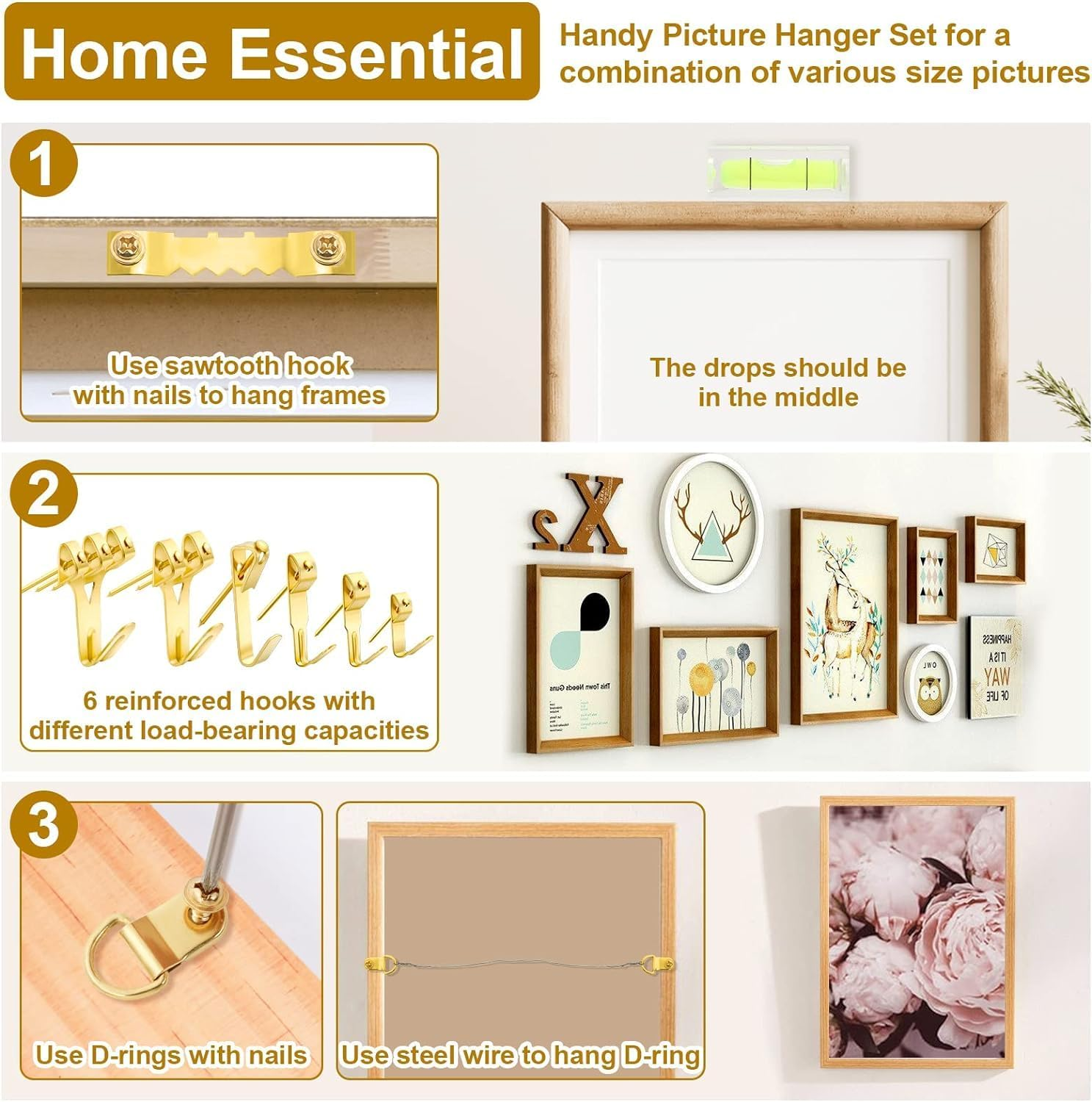 ETHEL 372 PCS Picture Hanging Kit, Indoor outside Picture Hangers, Heavy Duty Picture Frame Mirror Wall Hanging Hardware Hooks Kit with Nails Sawtooth for Hanging Picture (Hanging Kit-372, 3.8X4X2)