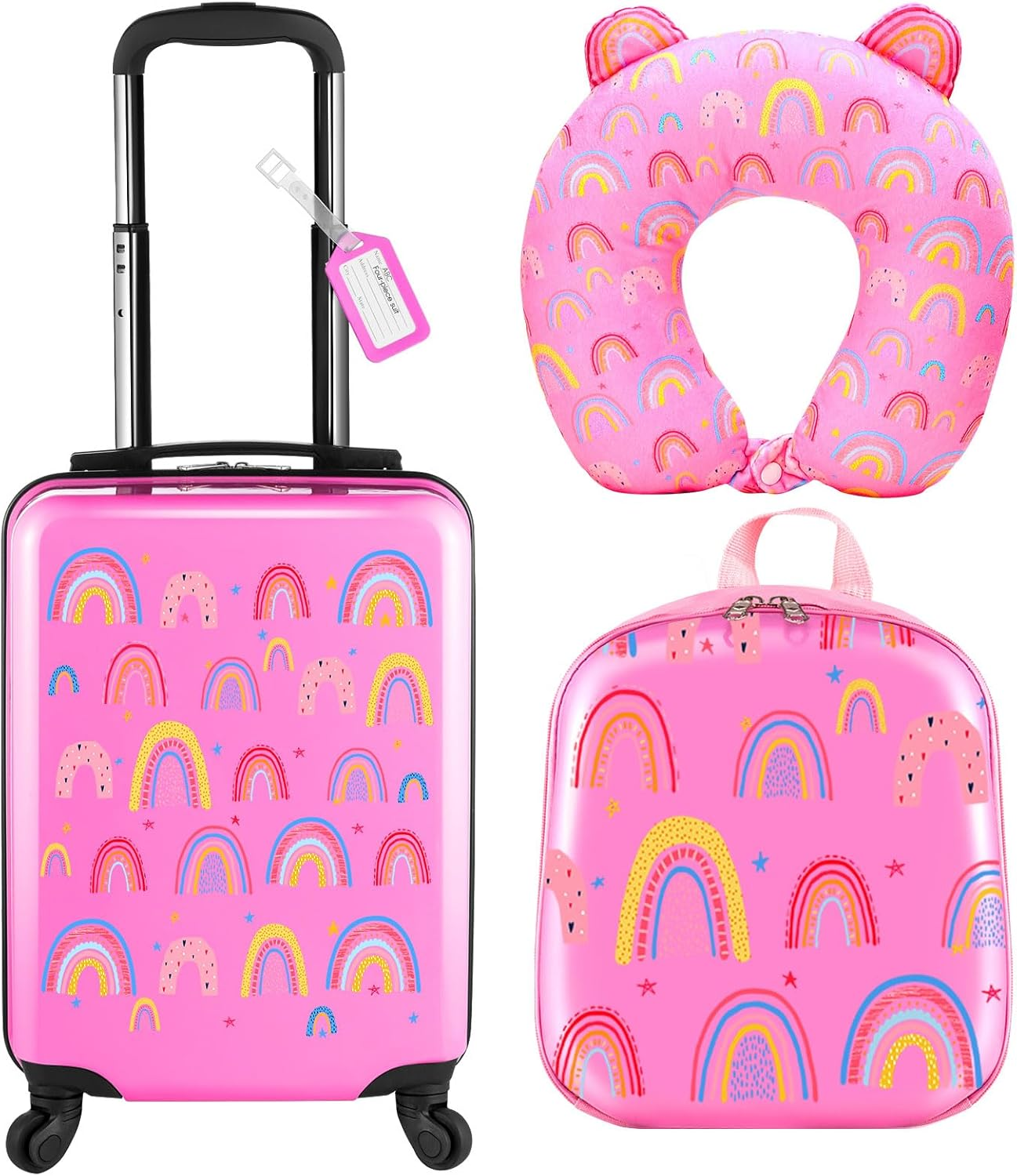 Sanwuta 4 Pcs Kids Luggage Set Kids Backpack Travel Rolling Suitcase with Wheels U-Shape Pillow Childrens Gift for Girls Boys, Rainbow Pink, 17 Inch, Rainbow Style image number 6