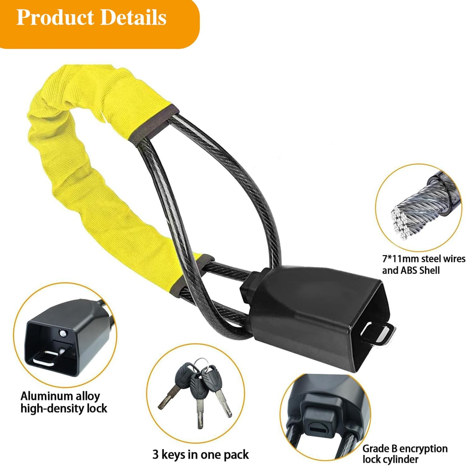 Steering Wheel Lock,Car Steering Wheel Lock,Max 45Cm Length Secure Car Device,With 3 Keys ABS, for Security Fit Most Vehicles Truck SUV Van Golf Cart, Yellow image number 3