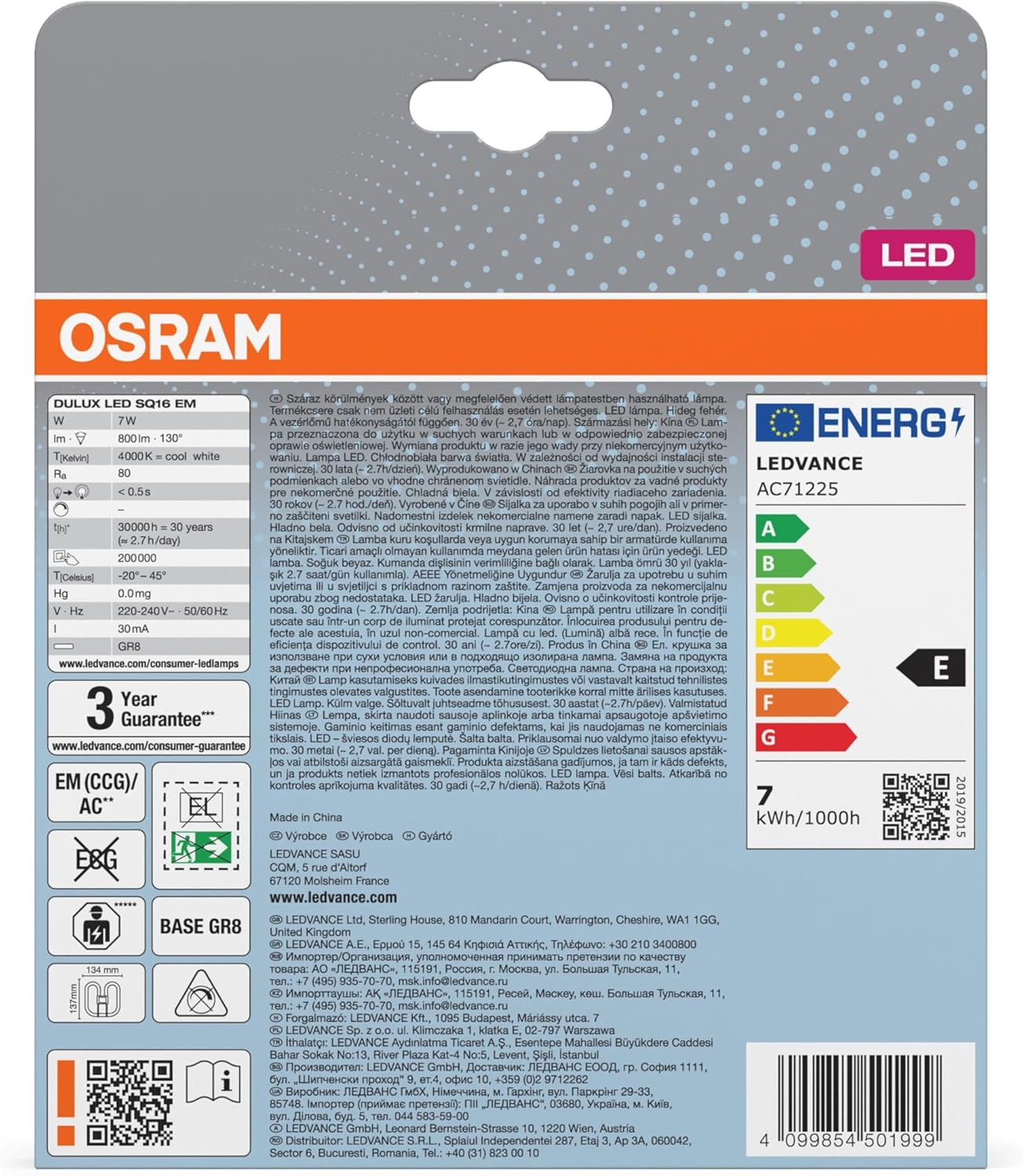 OSRAM DULUX LED Tube SQ16 GR8 7W Neutral White 800LM IP20 Compact Fluorescent Replacement for KVG Lights 2 Pin Base White Plastic 134Mm image number 1