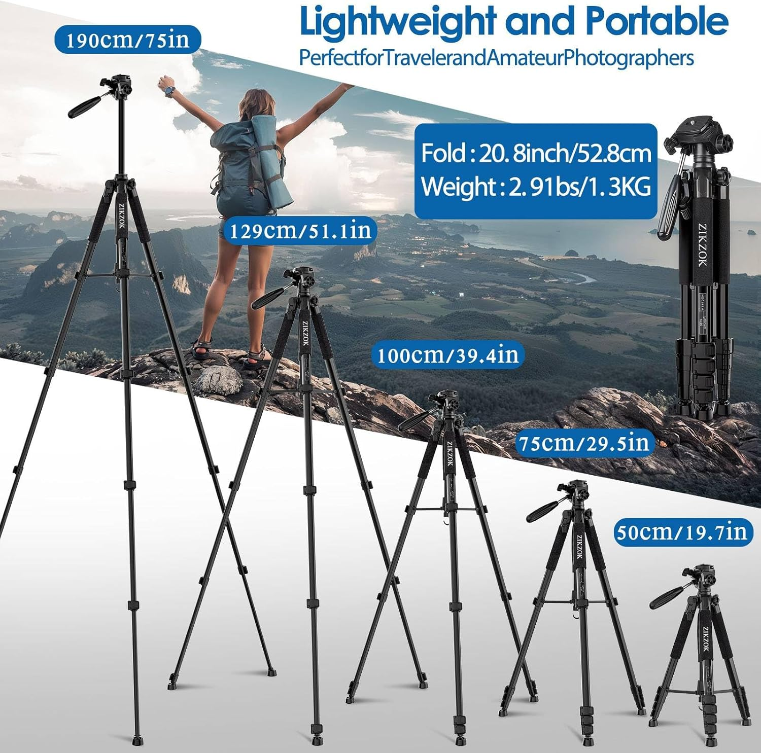 75" Camera Tripod, Aluminum Heavy Duty Camera Stand for Ipad Phone, Travel Tripod With/Carry Bag/Phone Tablet Holder, Compatible with Canon Nikon Sony DSLR, Spotting Scopes, Max Load 15 Lb(Black) image number 2