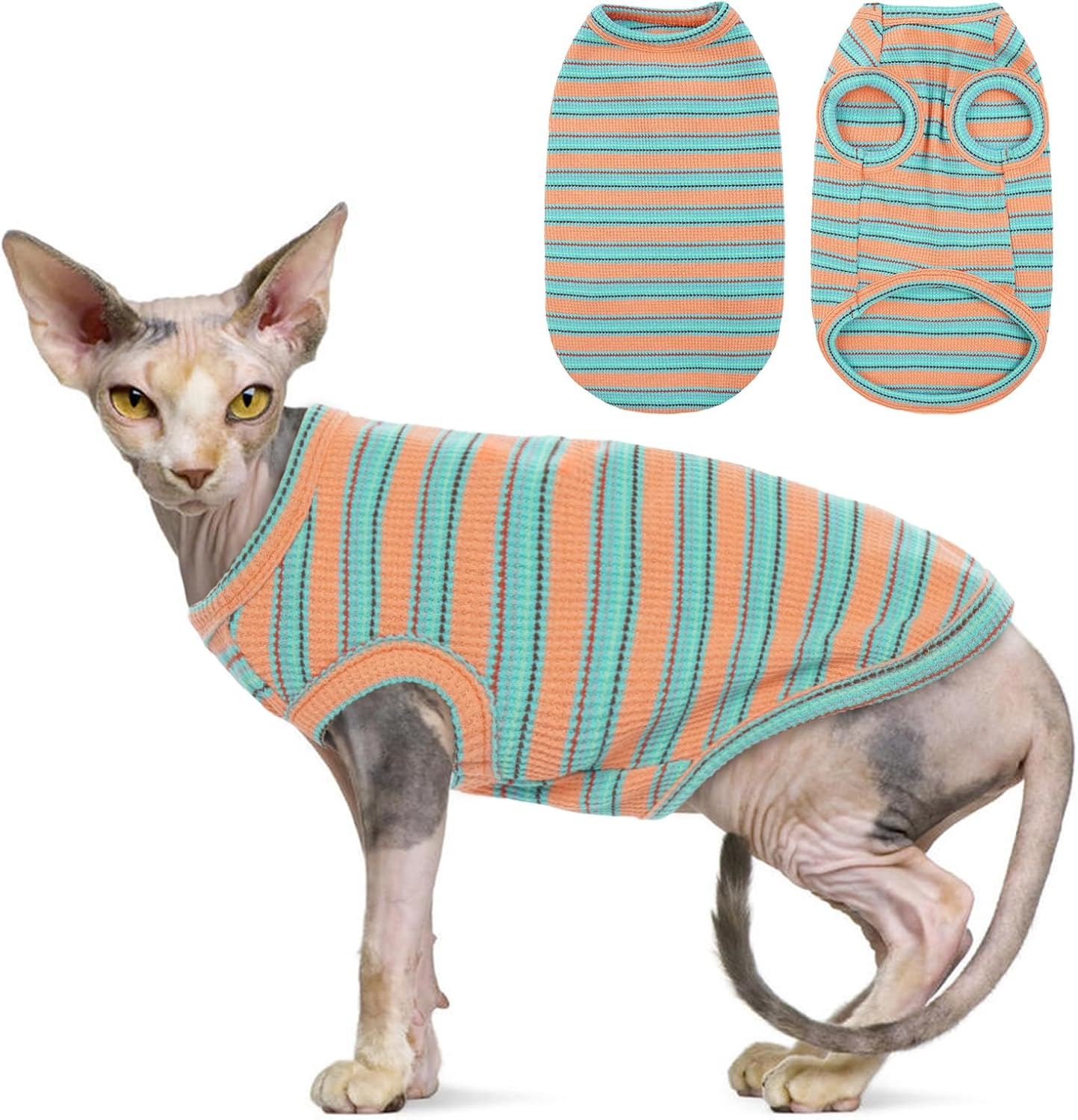 OUOBOB Sphynx Cat Clothes, Breathable Hairless Cat Shirts, Stripe Kitten T-Shirts Sleeveless, Pullover Cat Sweaters, Pet Summer Apparel for Sphynx, Cornish Rex, Devon Rex, Peterbald, Small Dogs