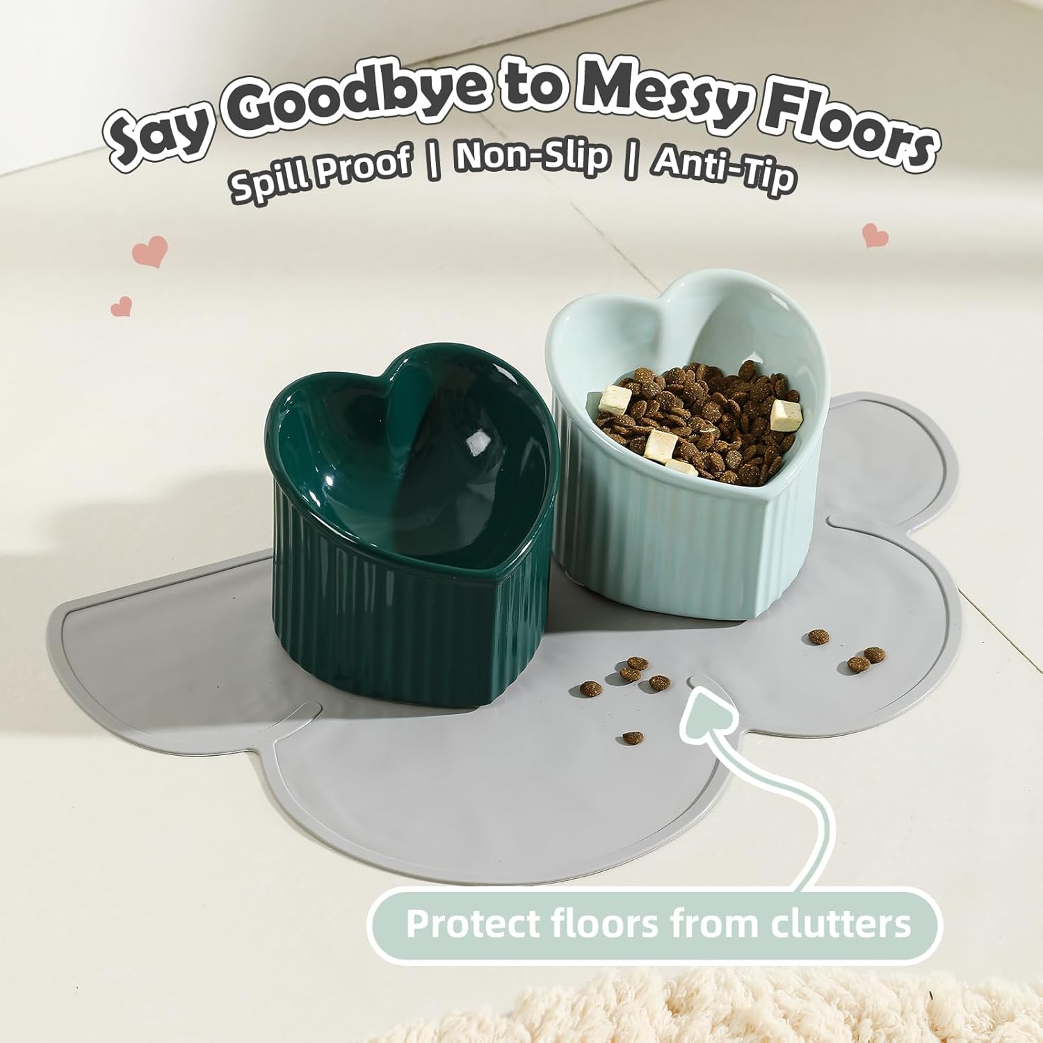 Elevated Cat Food Bowl Set - Double Tilted Bowls with Non Slip Mat - Raised Ceramic Bowls - Whisker Friendly - Tall Dishes - Green & Dark Green