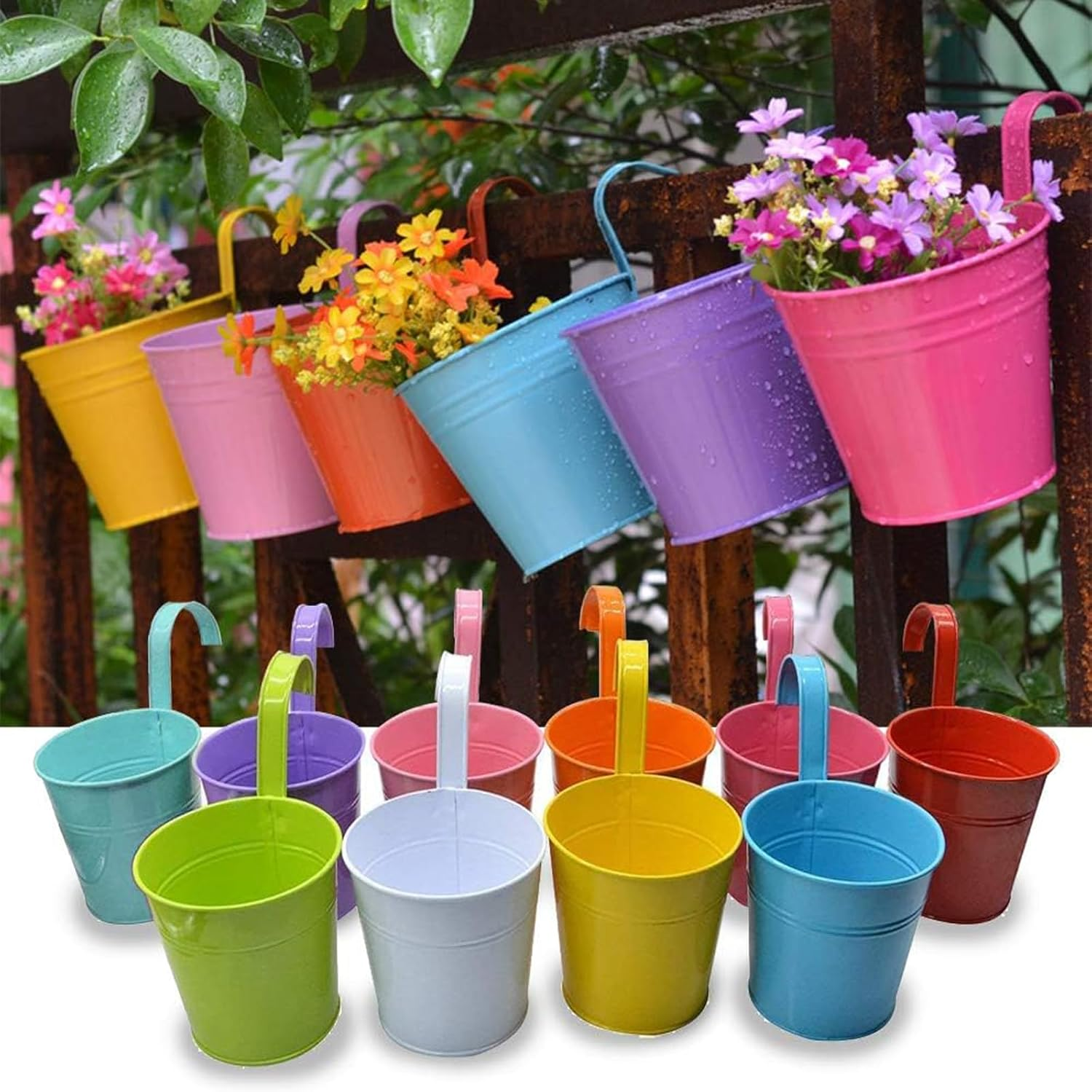 10 X Metal Iron Hanging Flower Pot,3.9" Hanging Balcony Garden Planter Home Decor,Garden Plant Pots Hanging Buckets Hanging Planter image number 2