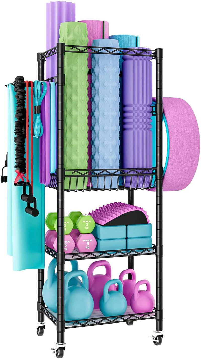 Oscrobie Dumbbell Rack, Home Gym Storage, Yoga Mat Storage Rack, Gym Storage Rack with Wheels and Hooks for Small Space