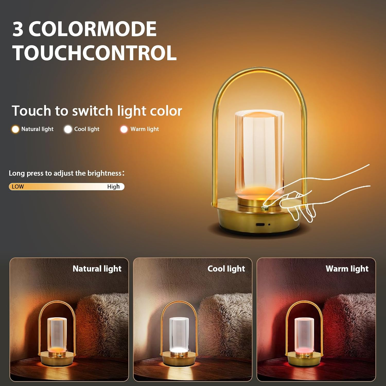 Cordless Table Lamp with Touch Control, Rechargeable LED Bedside Lamp, 3-Colour Infinitely Dimming Battery Powered Small Crystal Lantern for Bedroom/Office/Patio Light (Gold) image number 3