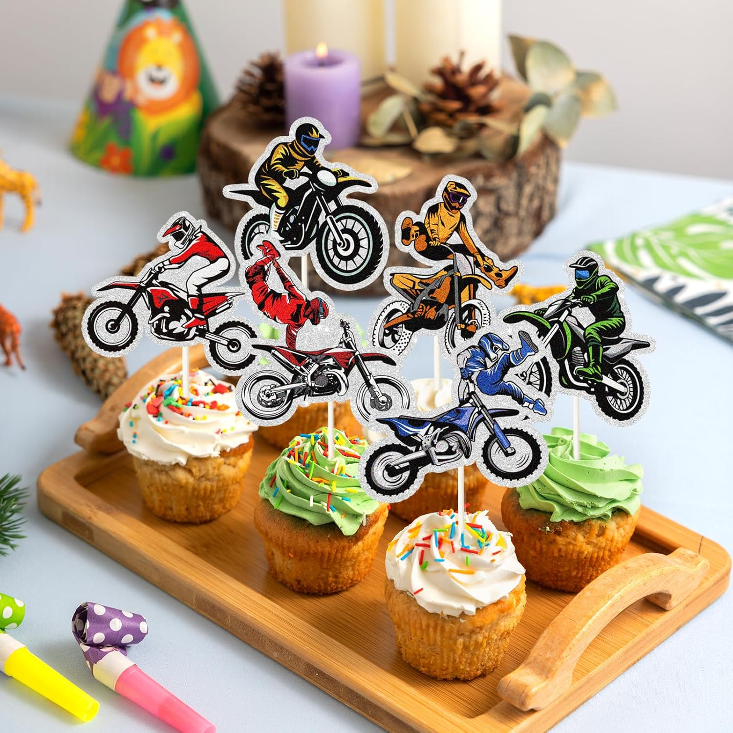 18Pcs Dirt Bike Cupcake Toppers,Motocross Motorcycle Racing Car Cupcake Picks, Extreme Sports Racing Themed Birthday Party Decorations image number 5