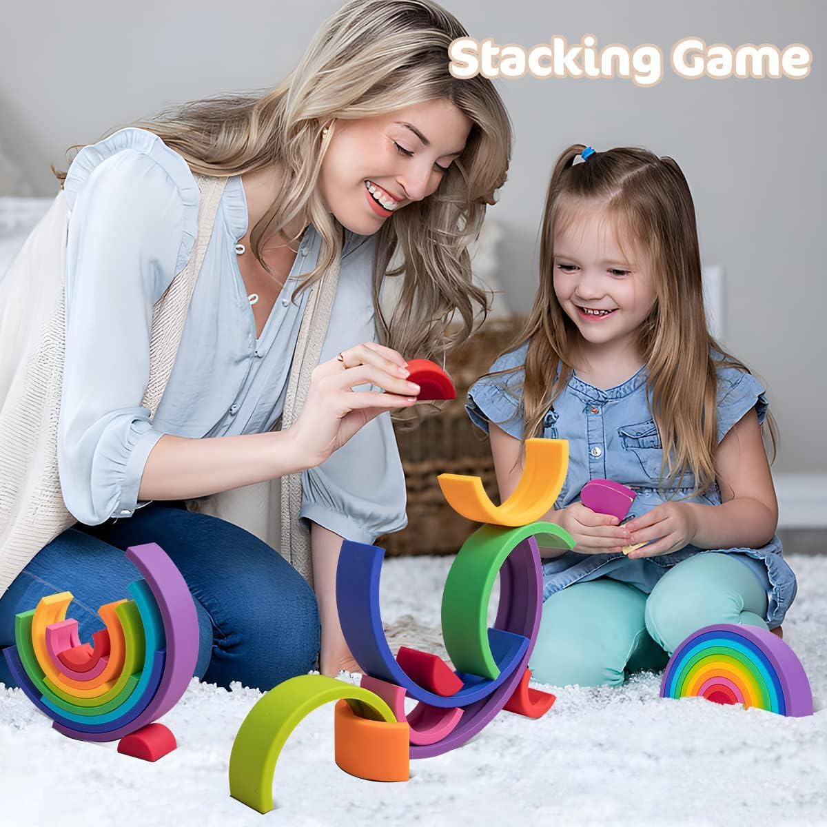 Silicone Rainbow Stacking Toy Set, 10 Pcs Rainbow Stacker Building Blocks Toys, Nesting Puzzle Montessori Toys Preschool Learning Gift image number 4