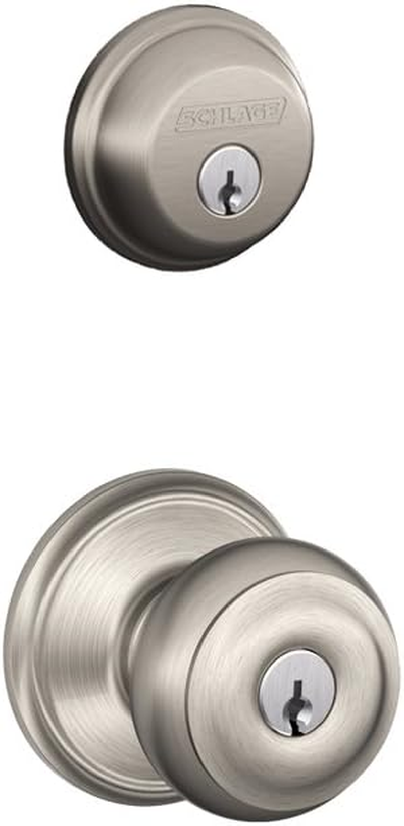 Schlage FB50N V GEO 716 B60 Single Cylinder Deadbolt and F51 Keyed Entry Georgian Knob Keyed Alike, Aged Bronze Finish