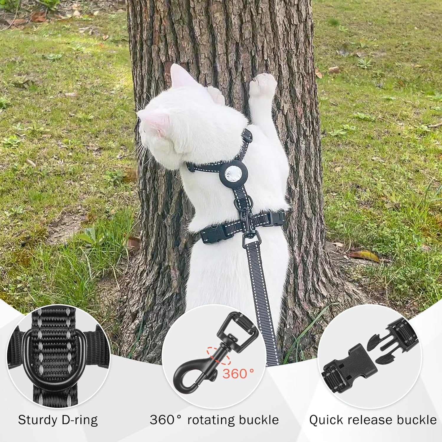 SCENEREAL Cat Harness and Leash Set Escape Proof with Airtag Holder, Reflective Pet Harnesses for Walking, Adjustable Kitty Vest Soft Harness Outdoor Indoor, Cute Travel Boys Girls Small Large Cats