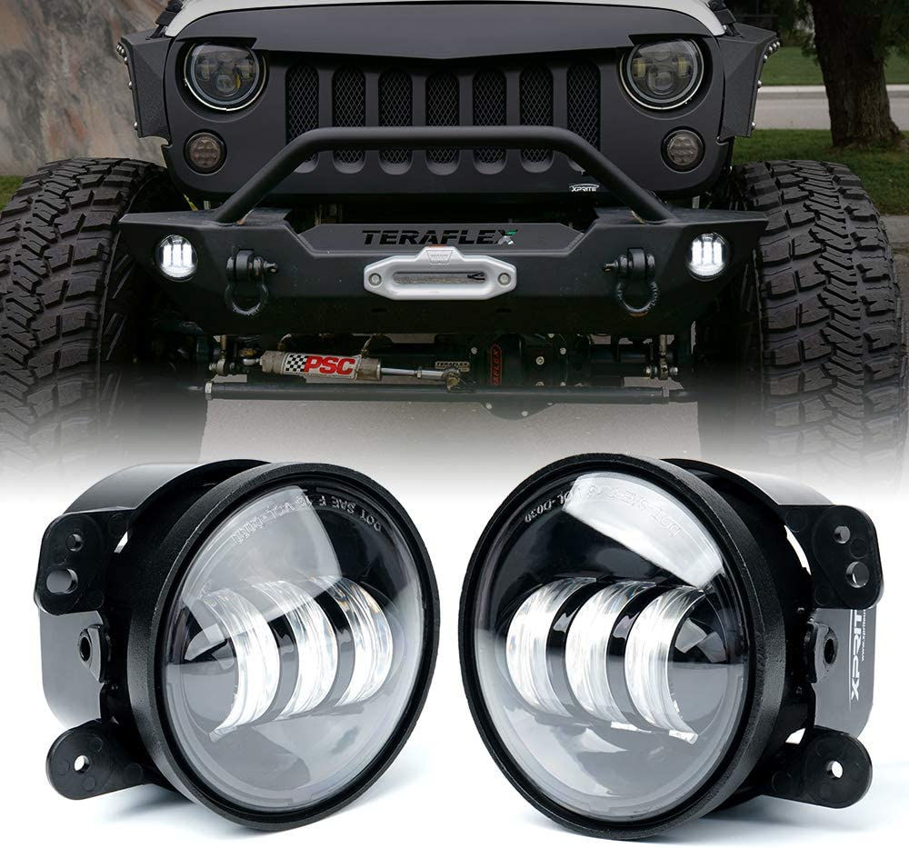 Xprite 4" Inch Amber LED Fog Light Compatible with 2007-2018 Jeep Wrangler JK Unlimited Jku, Driving Offroad Foglights, DOT Approved Front Bumper Replacements Fog Lamps, Amber