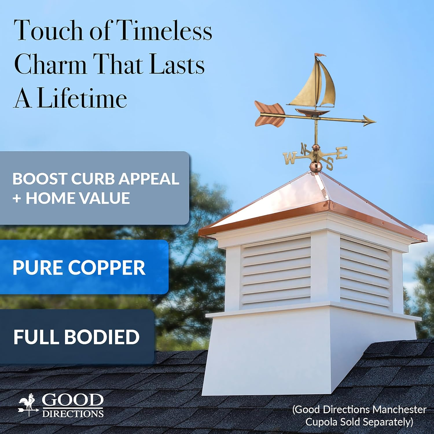 Good Directions 8803PR Sailboat Cottage Weathervane, Polished Copper with Roof Mount,Pure Copper image number 3