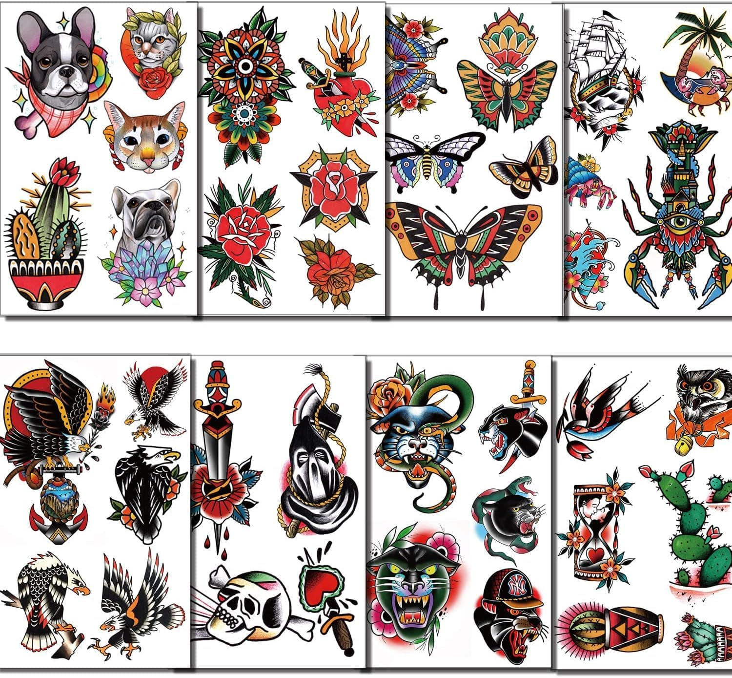 Temporary Classic Tattoos Adult Kids Old School Skull Tiger Sword Cat Eagle Snake Lotus Flower Butterfly Half Arm Realistic Fake Tattoos Sticker for Women Men 8 Sheets