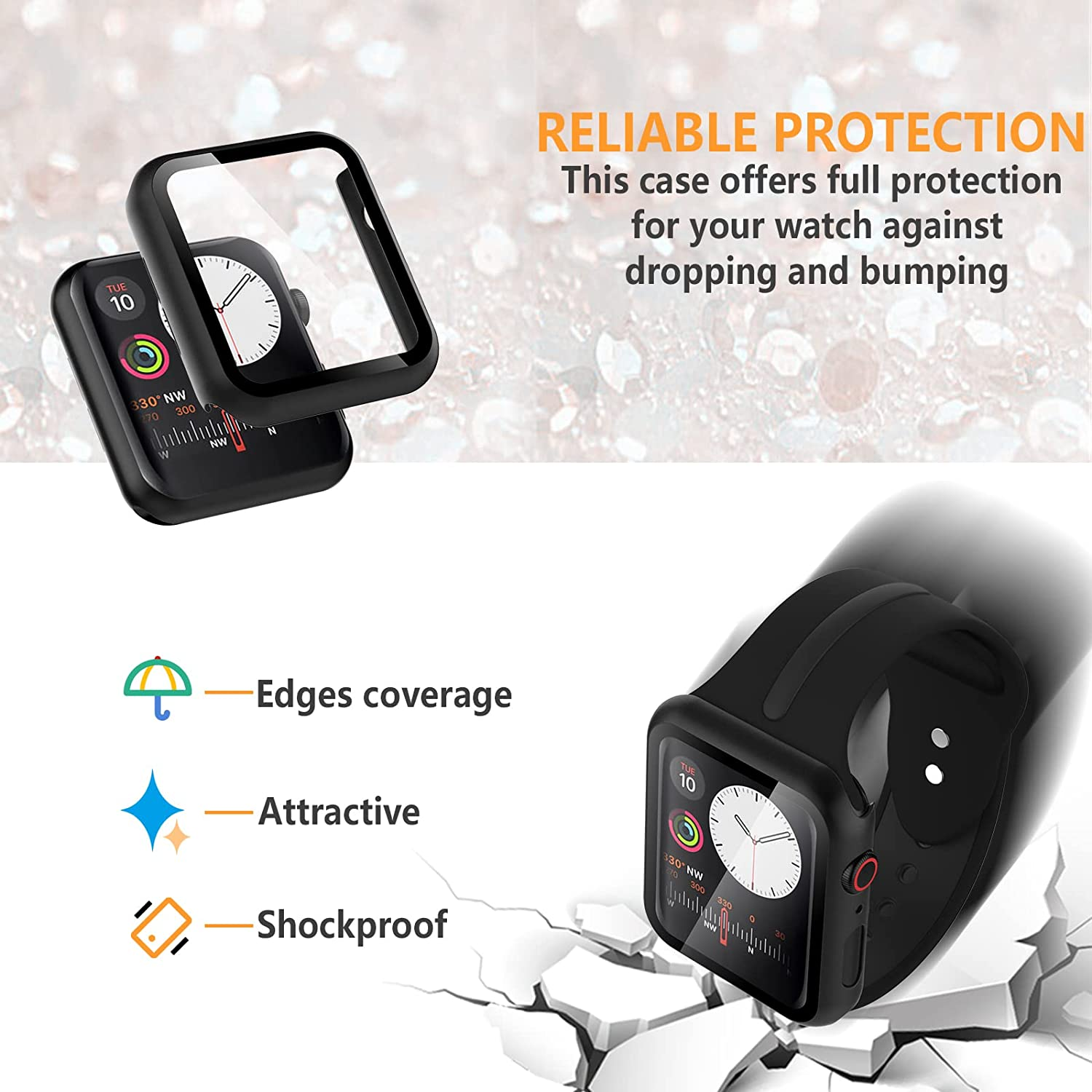 Hianjoo (2 Pack) Case Compatible with Apple Watch SE 2022 Series 6 Series 5 Series 4 40Mm, Built-In HD Tempered Glass Screen Protector Overall Cover Replacement for Iwatch SE 2022 Series 6/5/4, Black image number 7