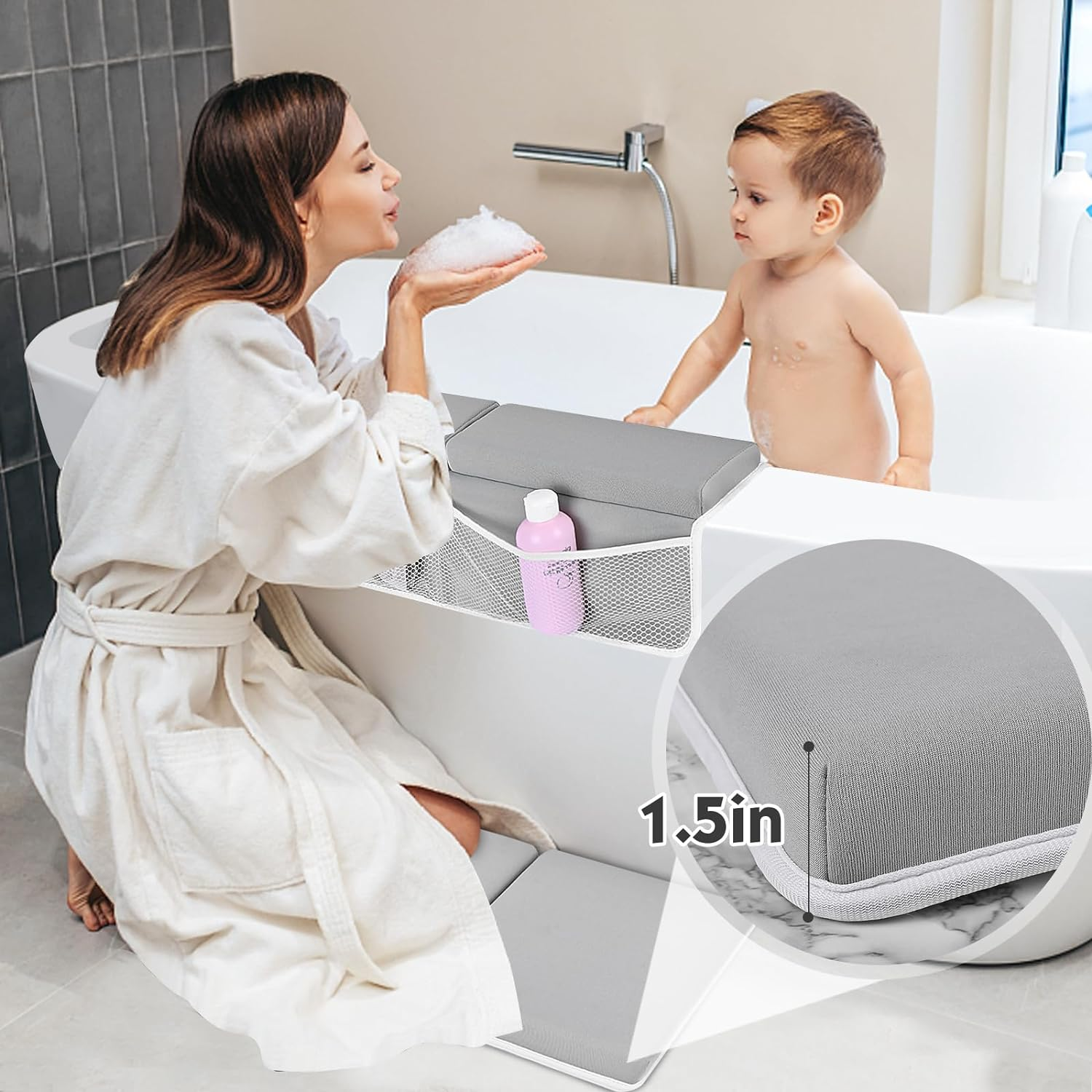 Comfortable Baby Bath Kneeler and Elbow Rest Pad Set - Foldable Non-Slip Mat, Thickest Bathtub Kneeler Pad with Parents - Painless Memory Foam, Soft and Quick Drying image number 4