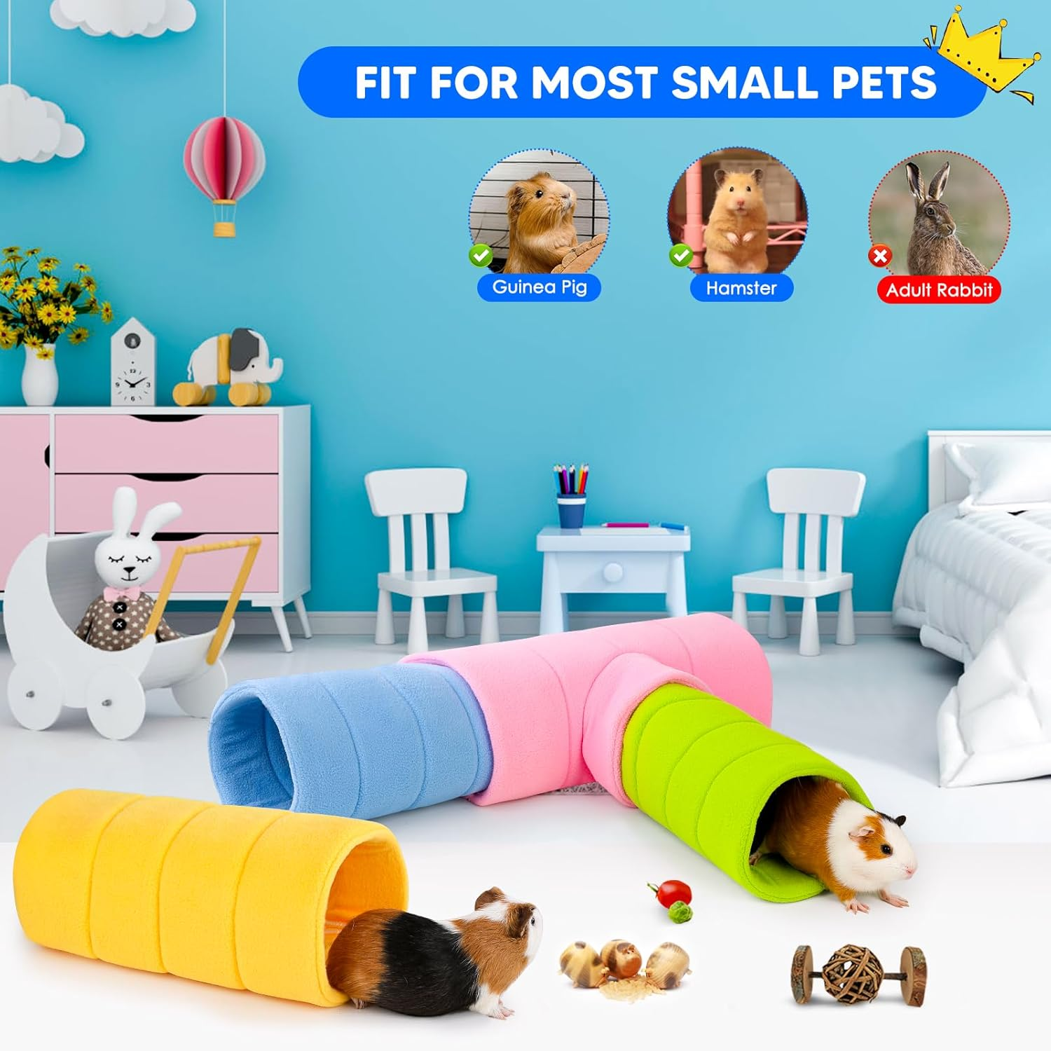 ONEJU Guinea Pig Tunnel, Four Stackable Tunnel for Guinea Pig, One Pink Guinea Pig 3-Way Tunnel and Three Different Color Guinea Pig 2-Way Play Tube, Pink, Blue, Green and Yellow