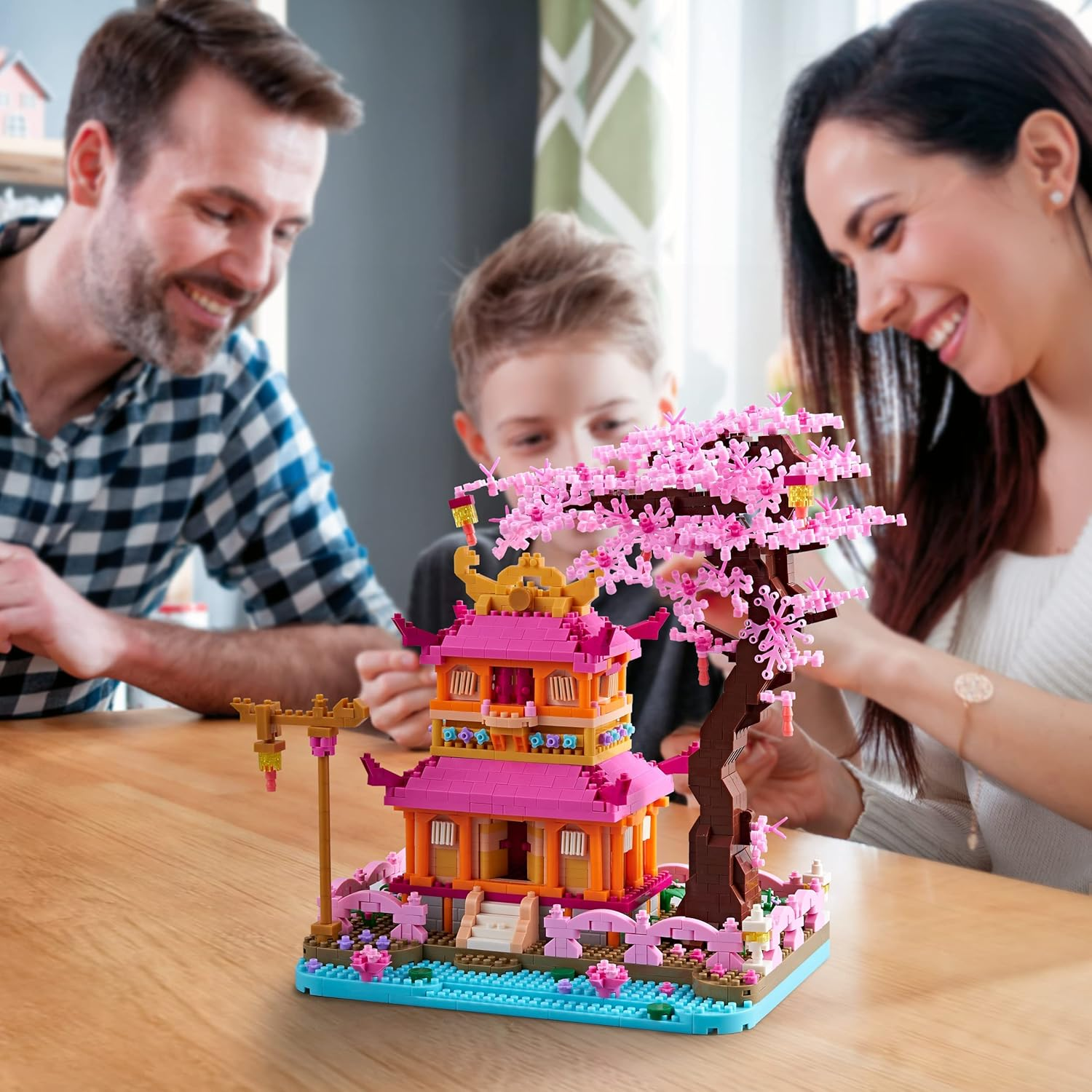 Japanese Cherry Blossom Tree Building Set with Gift Box Sakura Treehouse Plants Architecture Micro Blocks, Toys for Kids and Adults, 1810 PCS (With 2 Figure) image number 3