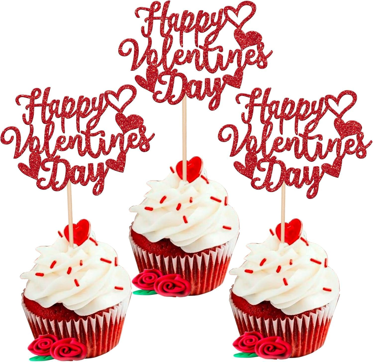 24 Pack Happy Valentine'S Day Cupcake Toppers with Heart Glitter Sweet Love Theme Valentine'S Day Cupcake Food Picks Birthday Party Cake Decorations Supplies Red(#1)