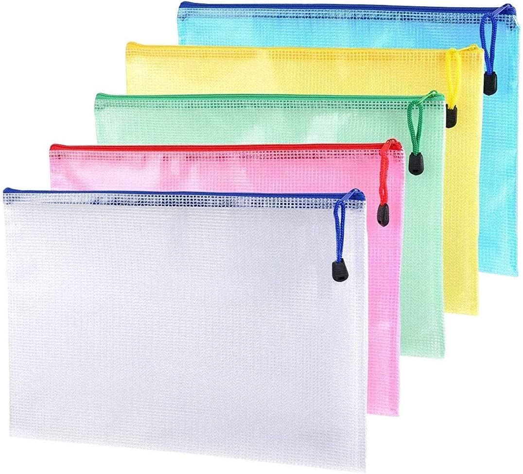 Zip File Folders, Pyhot 10Pcs A4 Size Mesh Document File Bags Storage Pouch with Zipper for Cosmetics Offices Supplies Travel Accessories, 5 Colors image number 2