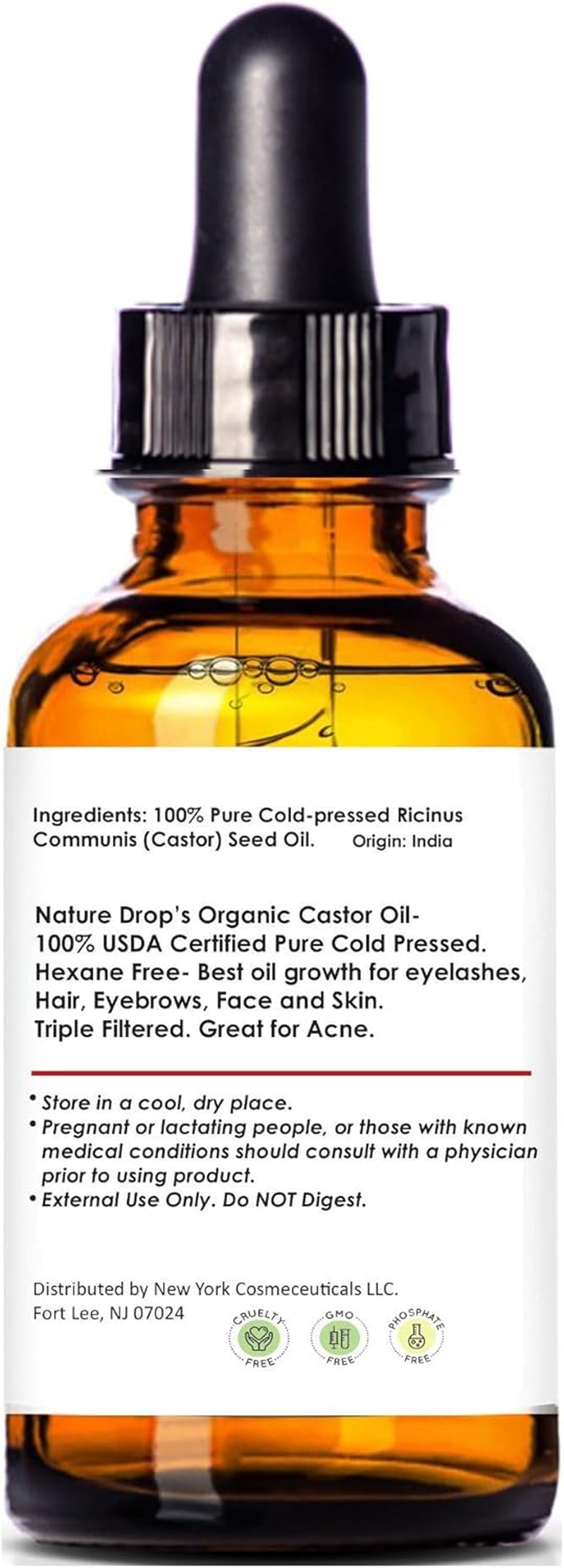 Nature Drop'S Organic Castor Oil - 100 USDA Certified Pure Cold Pressed Hexane Free - Best Oil Growth for Eyelashes, Hair, Eyebrows, Face and Skin, Triple Filtered, Great for Acne,