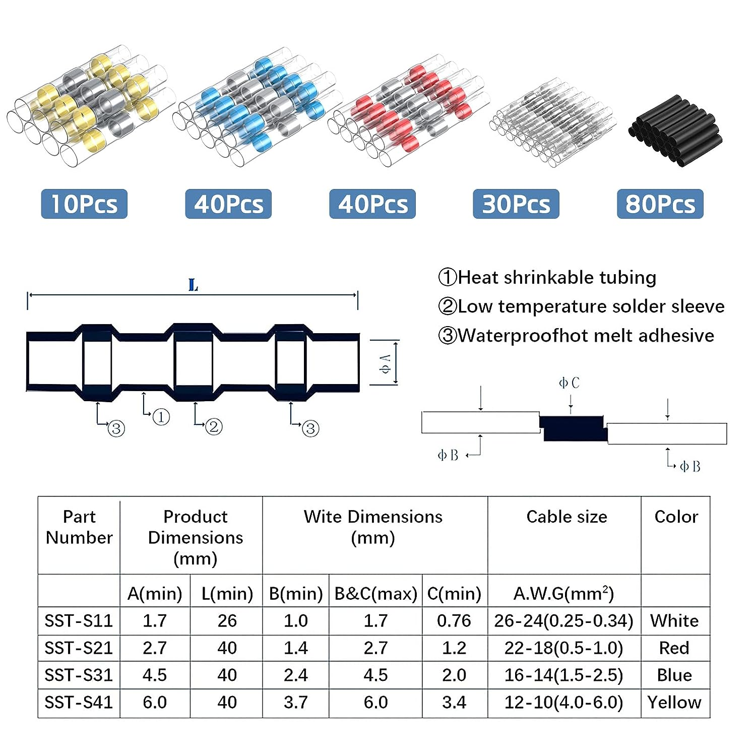 Solder Seal Wire Connectors, Heat Shrink Butt Connectors, Electrical Solder Butt Connectors, Solder Waterproof Insulated Electrical Wire Terminals for Marine Automotive Boat Truck Wire Joint (300Pcs) image number 3