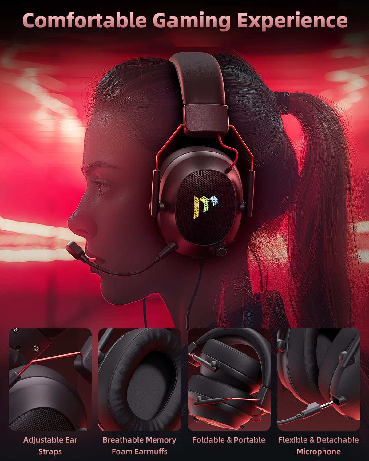 Mytrix 2.4Ghz Wireless Gaming Headset with Noise Cancelling Detachable Mic for Pc/Ps5/Ps4/Switch/Mac,Foldable Bluetooth Headphones with RGB Light, 3.5Mm Over-Ear Headsets,Stereo Surround Sound Black image number 3