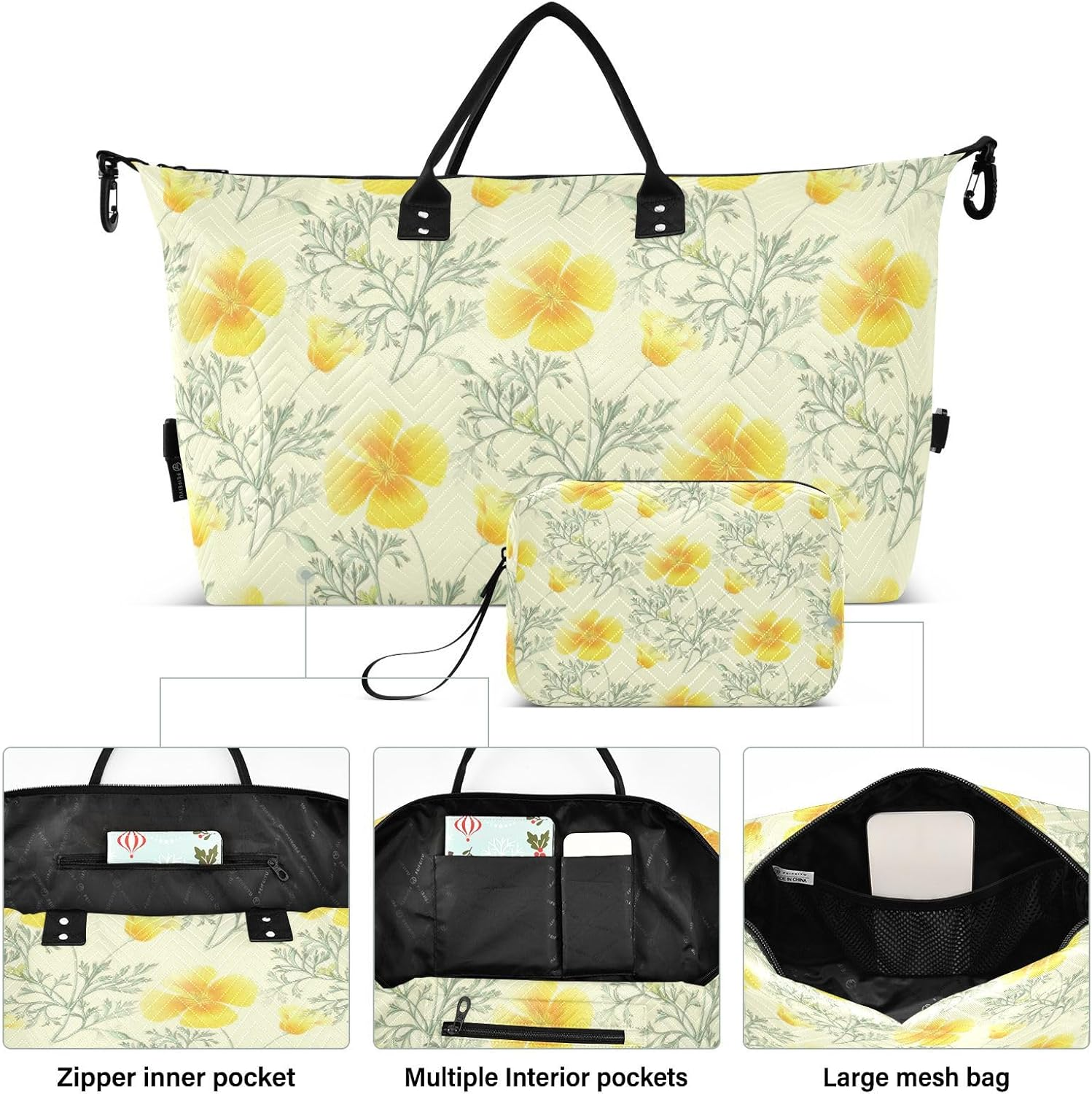 Large Travel Bag Weekender/Overnight Duffel Floral Flowers Yellow Gym Carry on Duffel Bags with Toiletry Bag, Deorative Floral, Set of 2, Art Deco image number 1