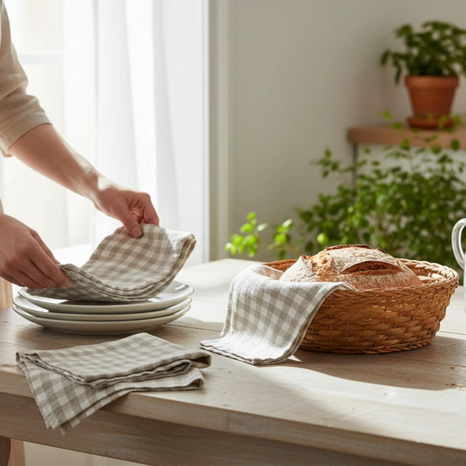 Linen Napkins &ndash; 100% French Flax &ndash; Stonewashed Pure Linen Cloth Napkins &ndash; Mitered Corners &ndash; Size 50 Cm X 50 Cm - Set of 4 (Natural Check) image number 5