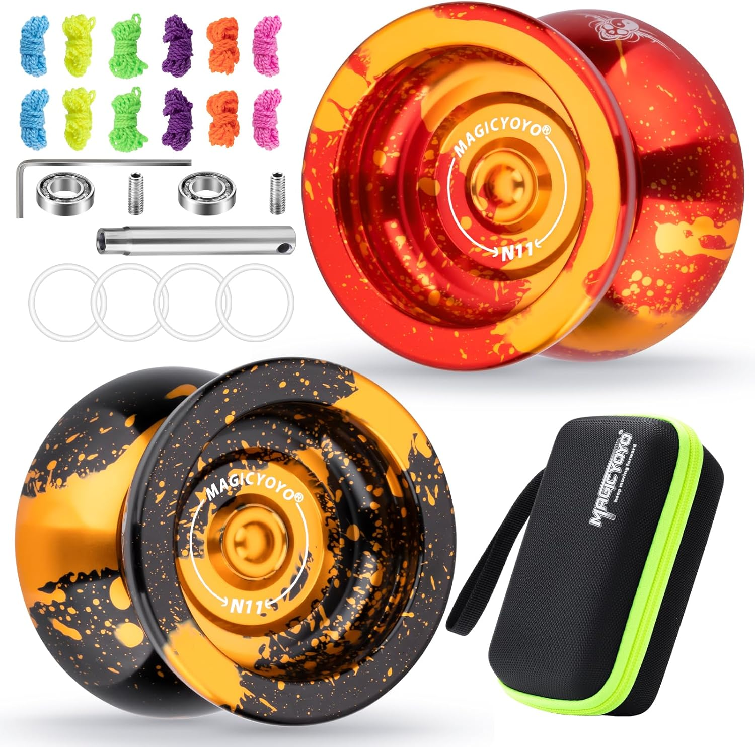 MAGICYOYO Alloy Aluminum N11 Professional Unresponsive Yoyo for Advanced Players, with Replacement Responsive Ball Bearing for Kids Beginner, 12 Strings and Responsive Bearing Kit