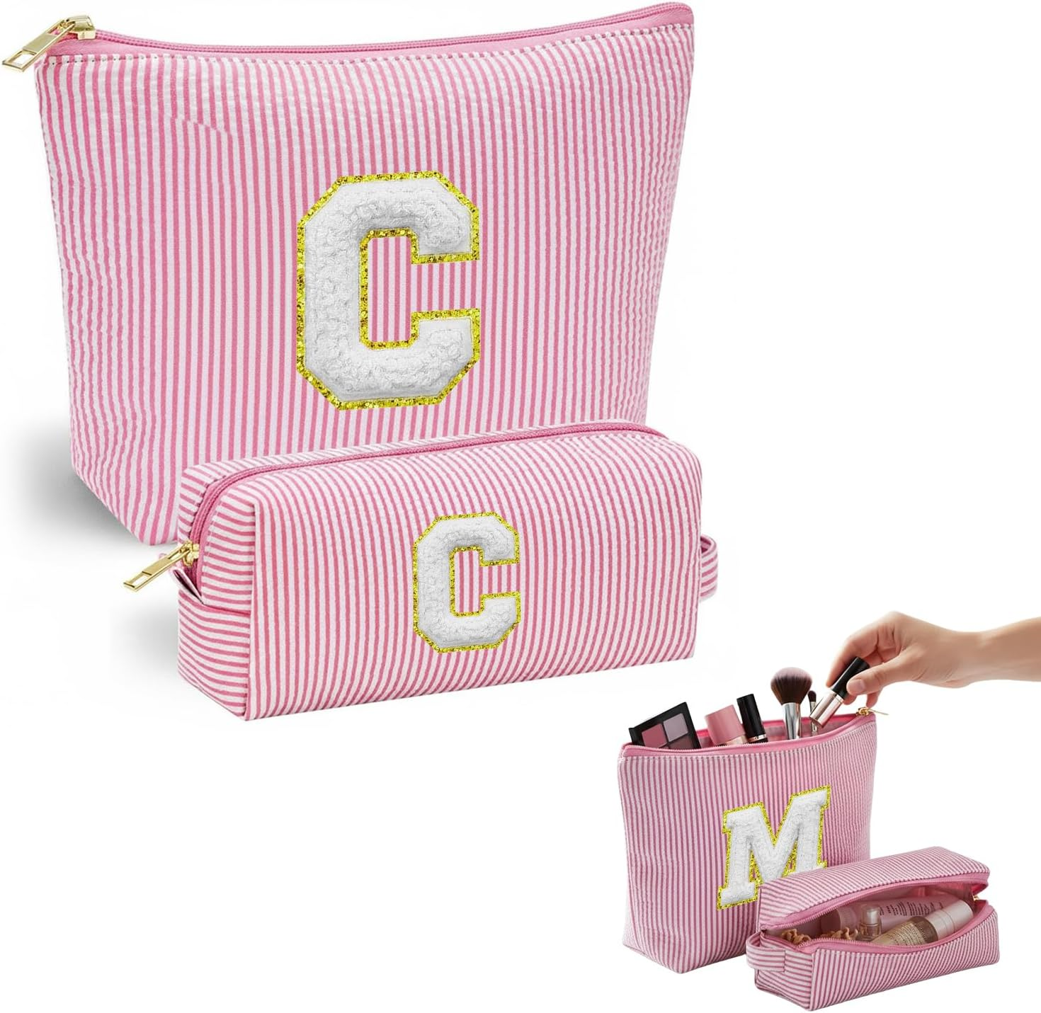 VLYX Personalized Make up Bag - Large Capacity Cosmetic Bags for Women A-Z Initials, 2 Pack - Portable Toiletry Bag, Birthday Gifts Idea, S