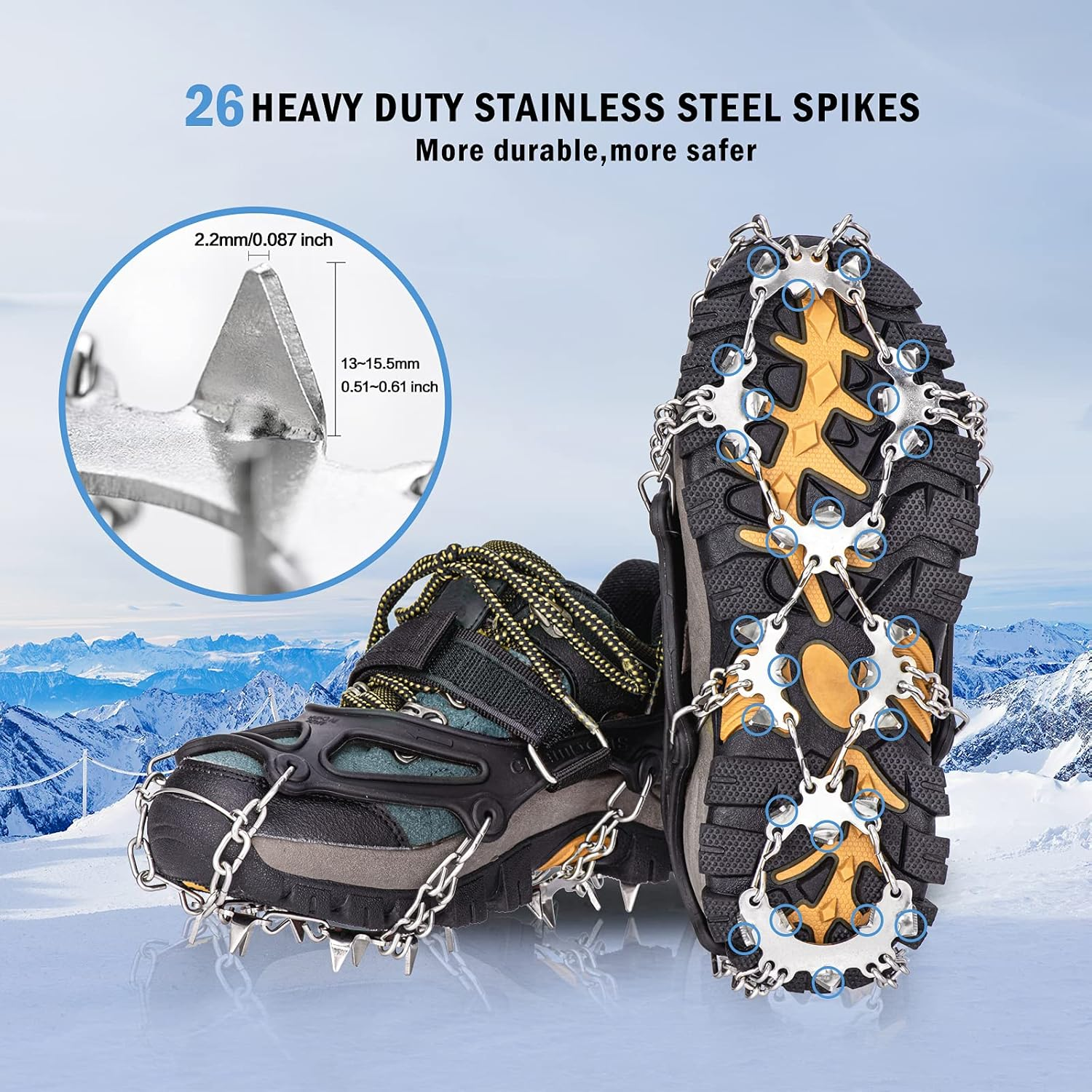 26 Spikes Crampons, TIMINGILA Ice Cleats Traction for Hiking Boots Shoes Women Men Kids, Traction Snow Grips for Hiking Fishing Walking Climbing Mountaineering image number 4