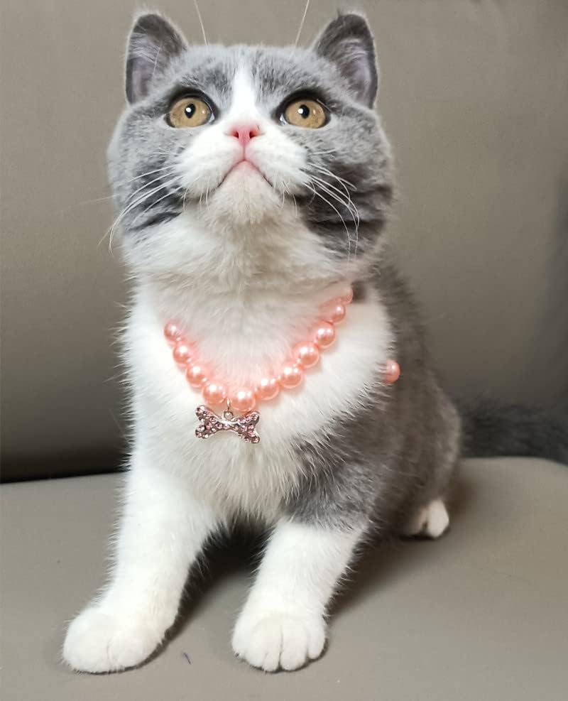 Dog Accessories for Girls Pearl Collar Necklace for Dogs Cats Coquette Bow Pearl Dog Necklace Collar Jewelry for Wedding Birthday Party Diamond Pearls Necklace with Rhinestone Bone for Dog (Pink, L) image number 4