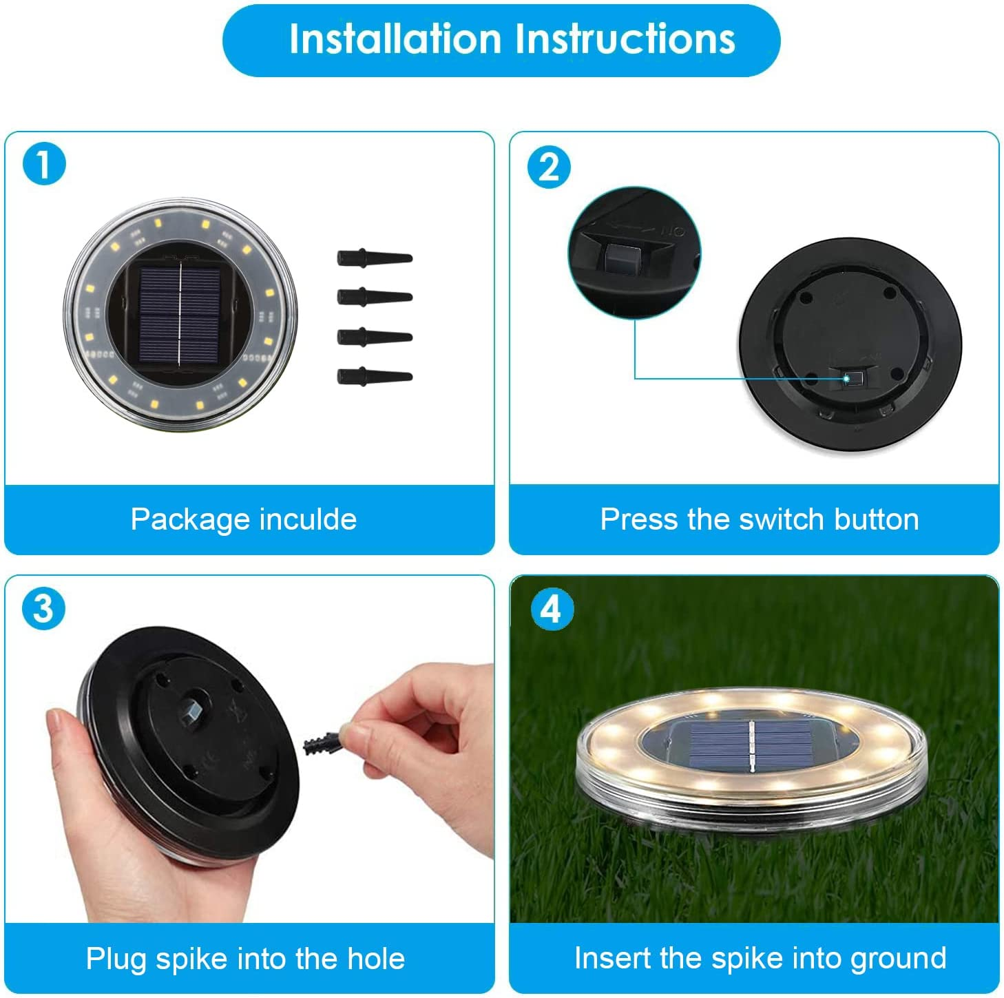 Outdoor Solar Light Ground 4Pcs 12 Leds Disk Lamp Wireless Waterproof for Path Gargen Landscape Lighting with 4 Spike (Warm Light) image number 3