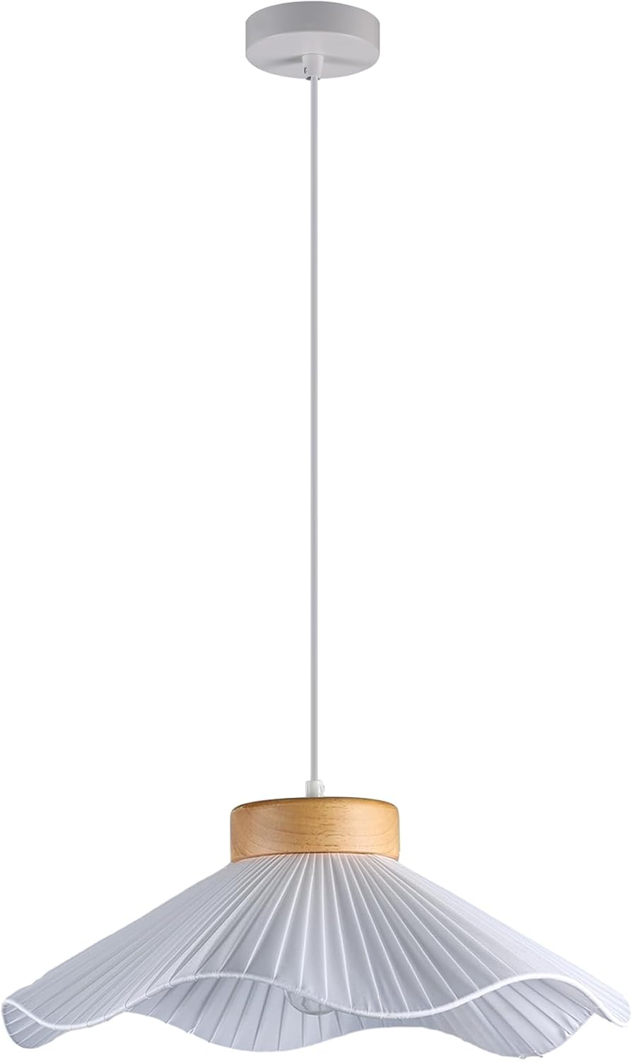 Lexi Lighting Seraphina Pendant Light, Large White Pleated Wave Fabric Lampshade, Wood Metal Ceiling Lamp, Overall Height 170Cm, Nordic Hanging Lighting Fixture for Indoor Kitchen Island Dining Table