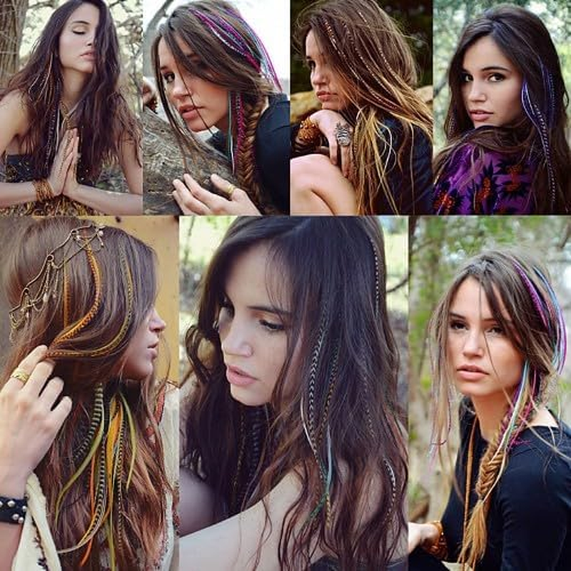 Pack of 50 Feather Hair Extensions Set, Colourful Faux Feather Hair Extensions, Coloured Hair Extensions Clips, Synthetic Hair Strands Extensions Highlights with 100 Silicone Ring, Pliers and Crochet image number 1